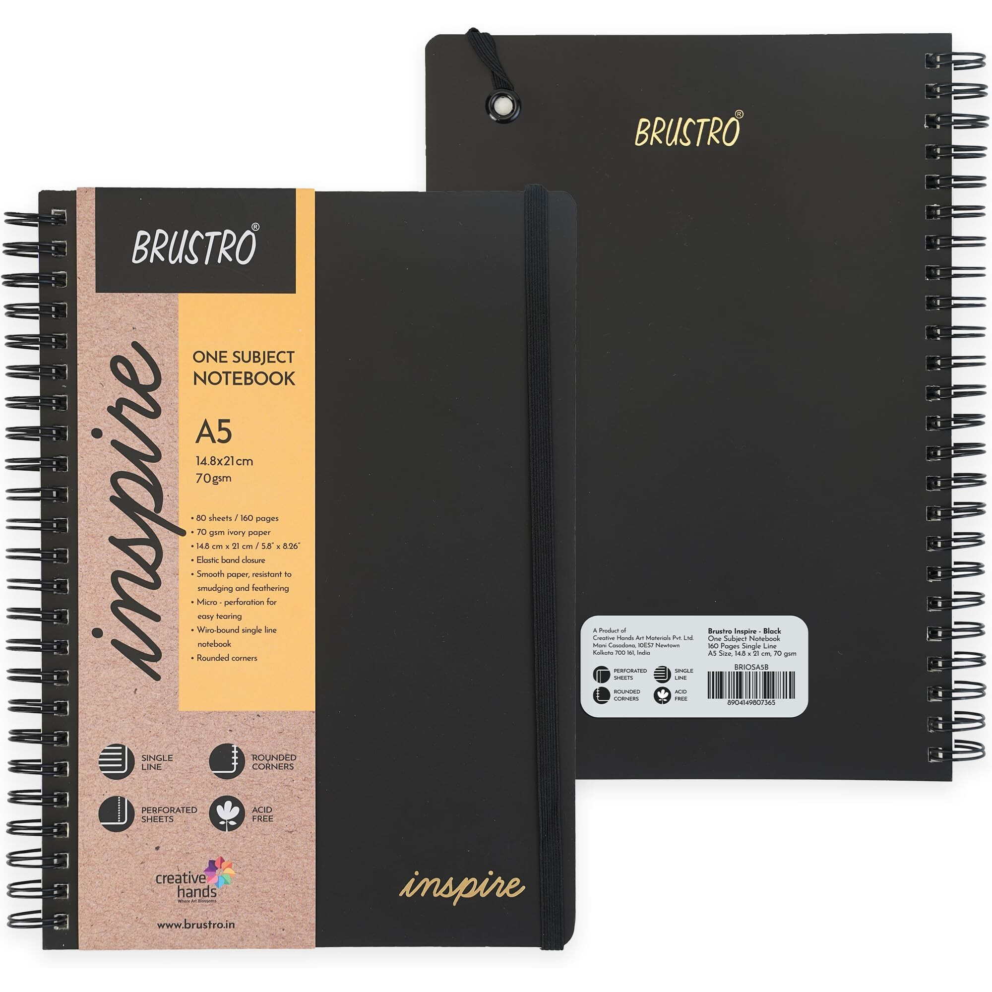 Brustro Inspire A5 Size, 1 Subject Ruled Notebook, 80 Sheets / 160 Pages, 70 GSM Ivory Paper, Black Cover with Rounded Corners, Perforated Sheets, Velvety Touch Cover for a Premium Writing Experience