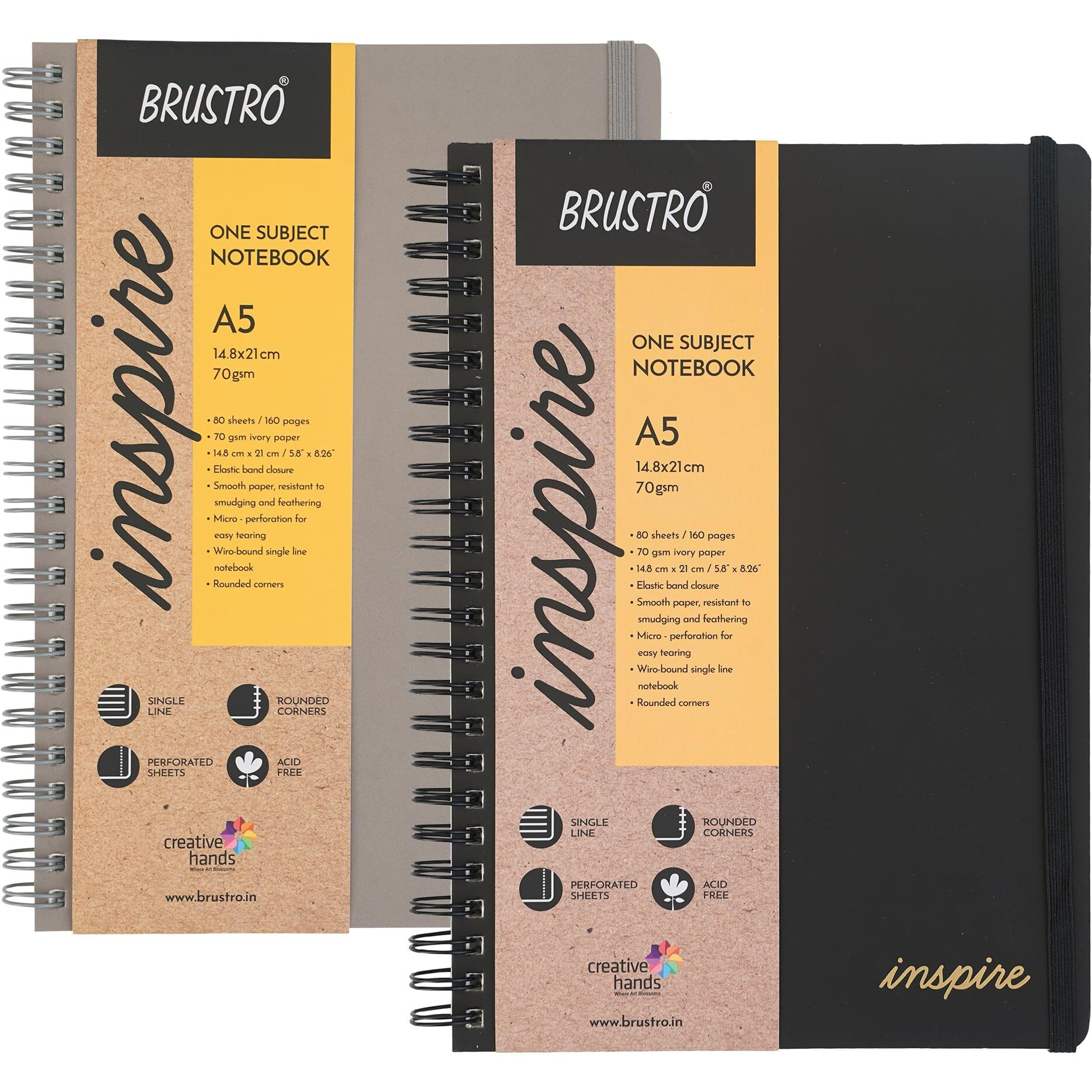 BRUSTRO Inspire A5 Size, 1 Subject Ruled Notebooks (Set of 2), 80 sheets/160 Pages, 70 GSM Ivory Paper, Black/Grey Velvety Touch Cover with Rounded Corners, Perforated Sheets and Elastic Band Closure