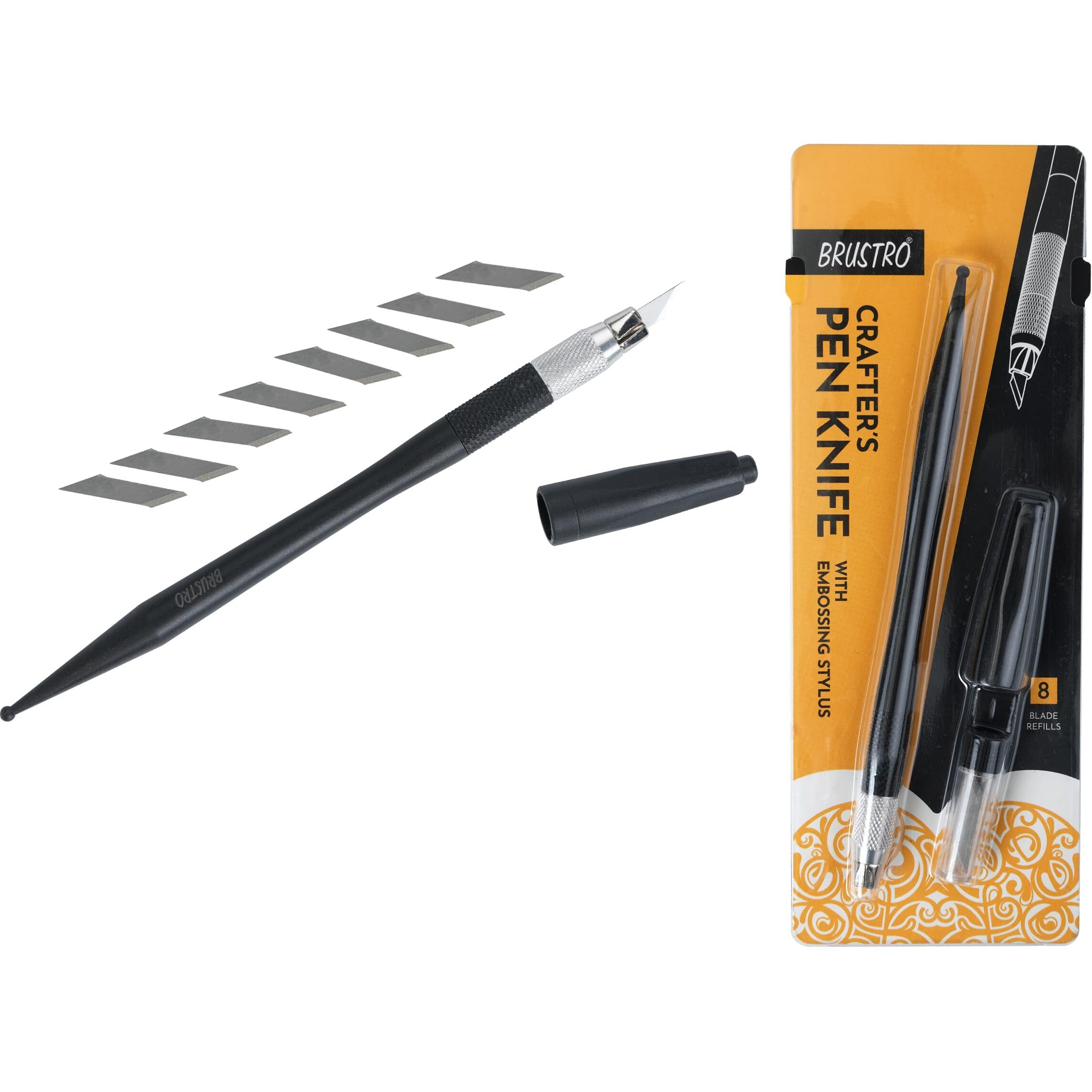 BRUSTRO Crafters Pen Knife with Embossing Stylus | 8 Blade Refills included | Lightweight, Textured Grip, Ideal for DIY Crafts, Intricate Designs, Paper Craft, Origami, Sharpening, Cutting Pencils