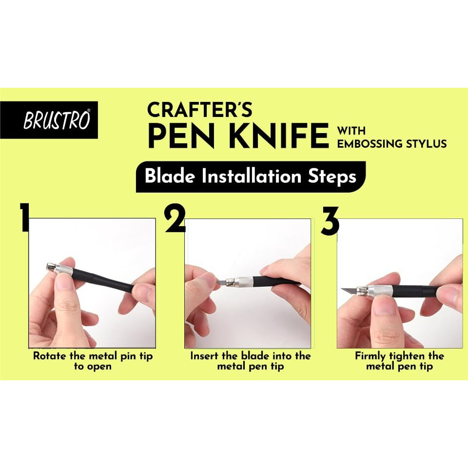 BRUSTRO Crafters Pen Knife with Embossing Stylus | 8 Blade Refills included | Lightweight, Textured Grip, Ideal for DIY Crafts, Intricate Designs, Paper Craft, Origami, Sharpening, Cutting Pencils