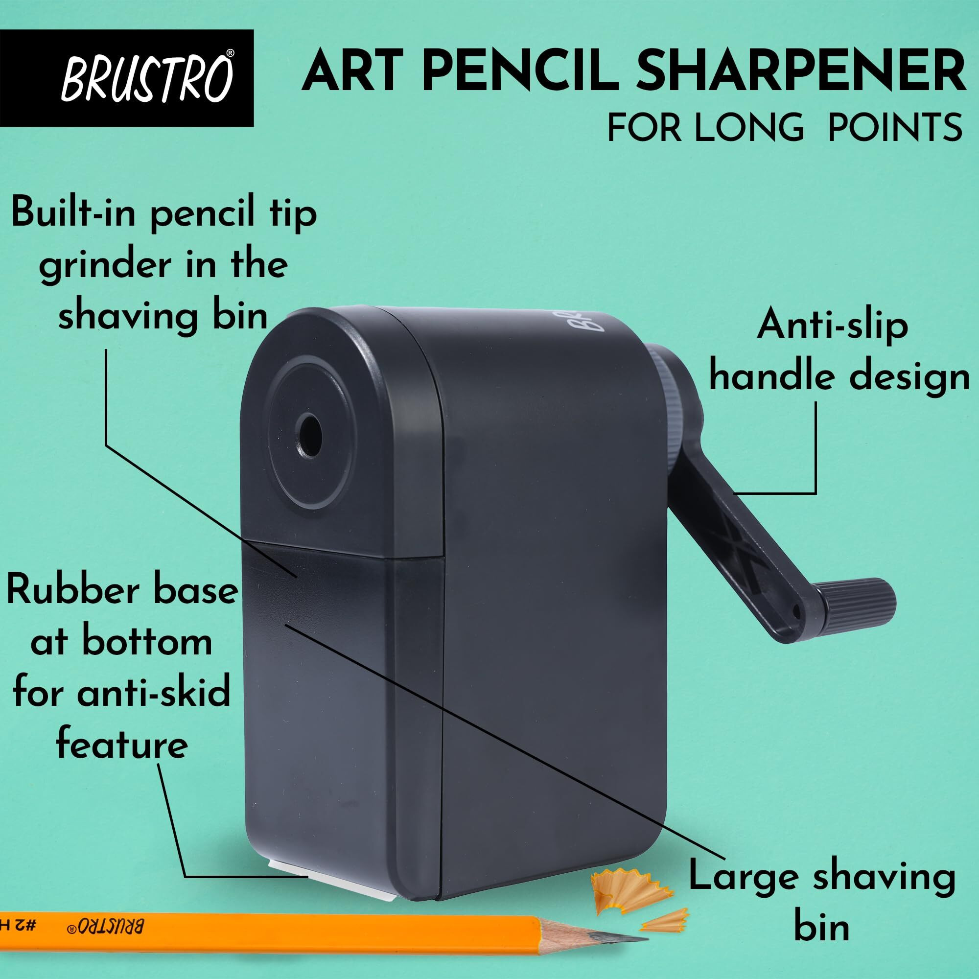 Brustro Manual Art Pencil Sharpener with Long Points with helical Blade | Ideal for Charcoal, Graphite and Pastel Pencils, Artists and Students.
