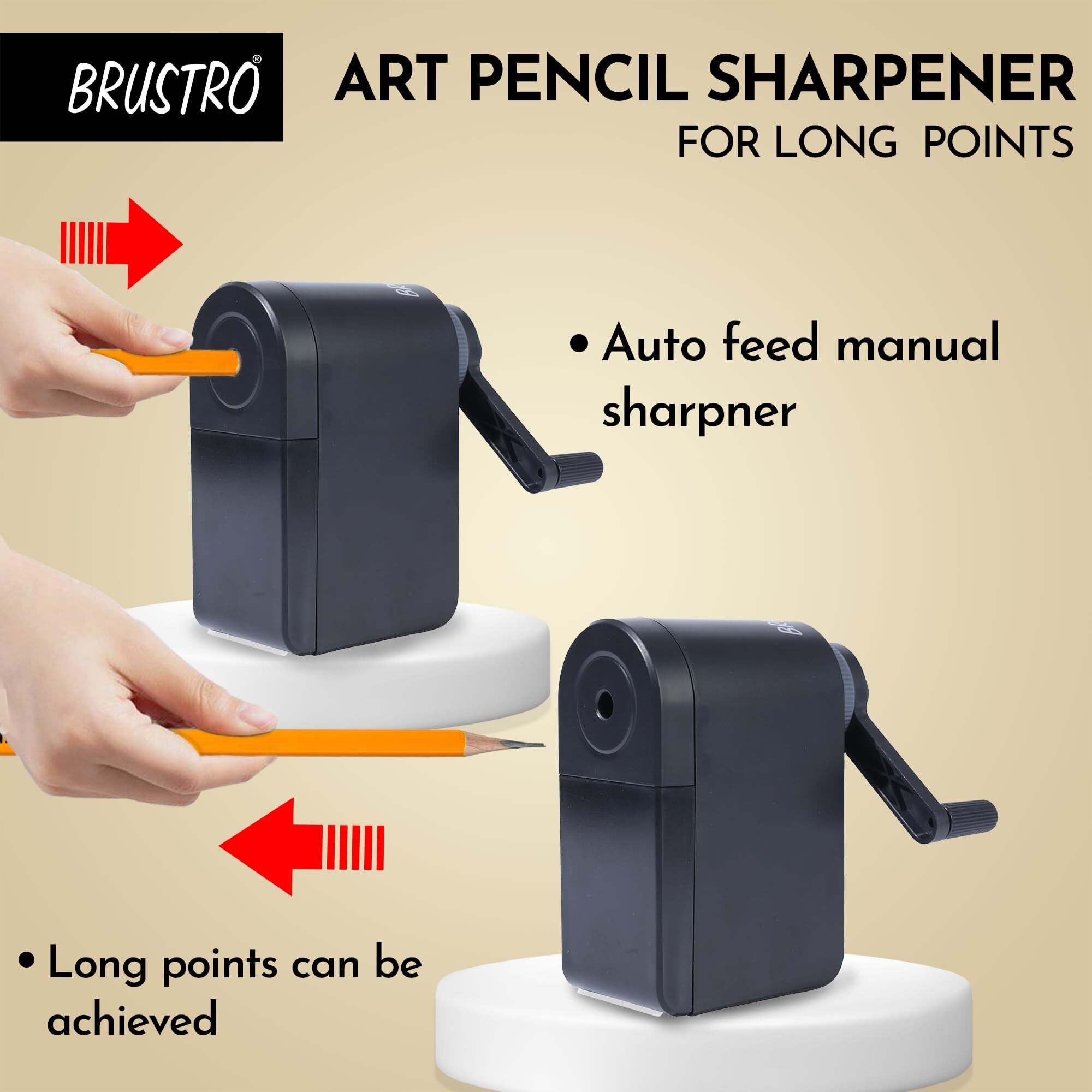 Brustro Manual Art Pencil Sharpener with Long Points with helical Blade | Ideal for Charcoal, Graphite and Pastel Pencils, Artists and Students.