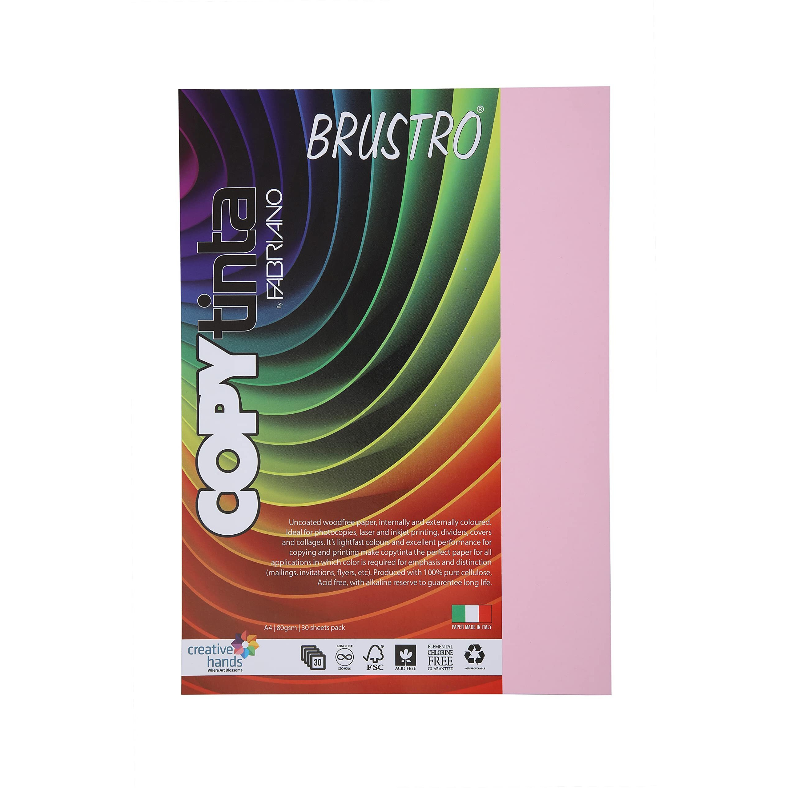 BRUSTRO Copytinta Coloured Craft Paper A4 Size 80 GSM Light Pink Shade (ROSA), 30 Sheets Pack. Double Side Coloured for Office Printing, Art, Origami, Craft.