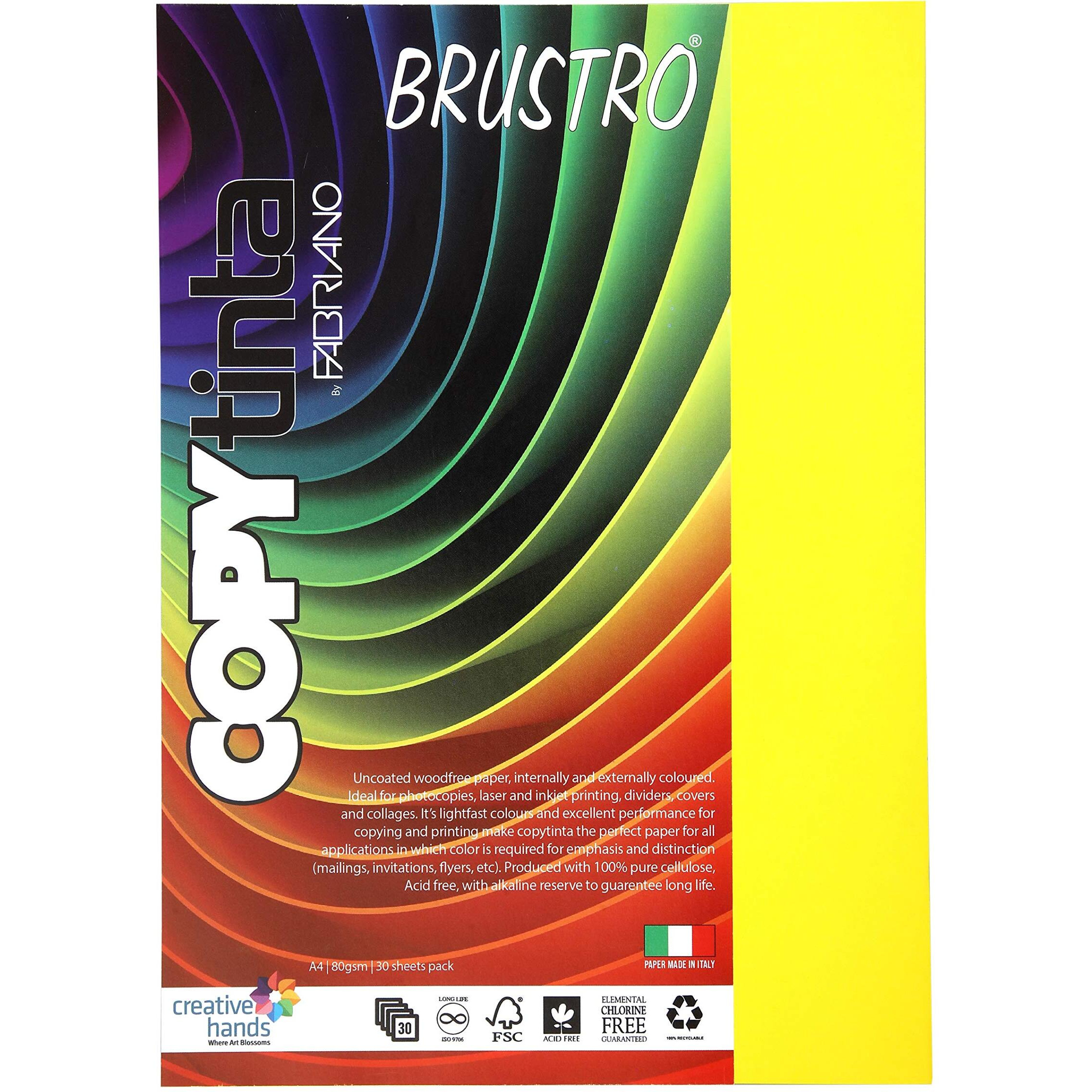 BRUSTRO Copytinta Craft Paper Bright Yellow Shade (Giallo)| A4 Size | 80 GSM |Pack of 30 Sheets| Double Side Colors,Ideal for Origami Ideas, Printing, Stationery, DIY Art,Students, Professionals