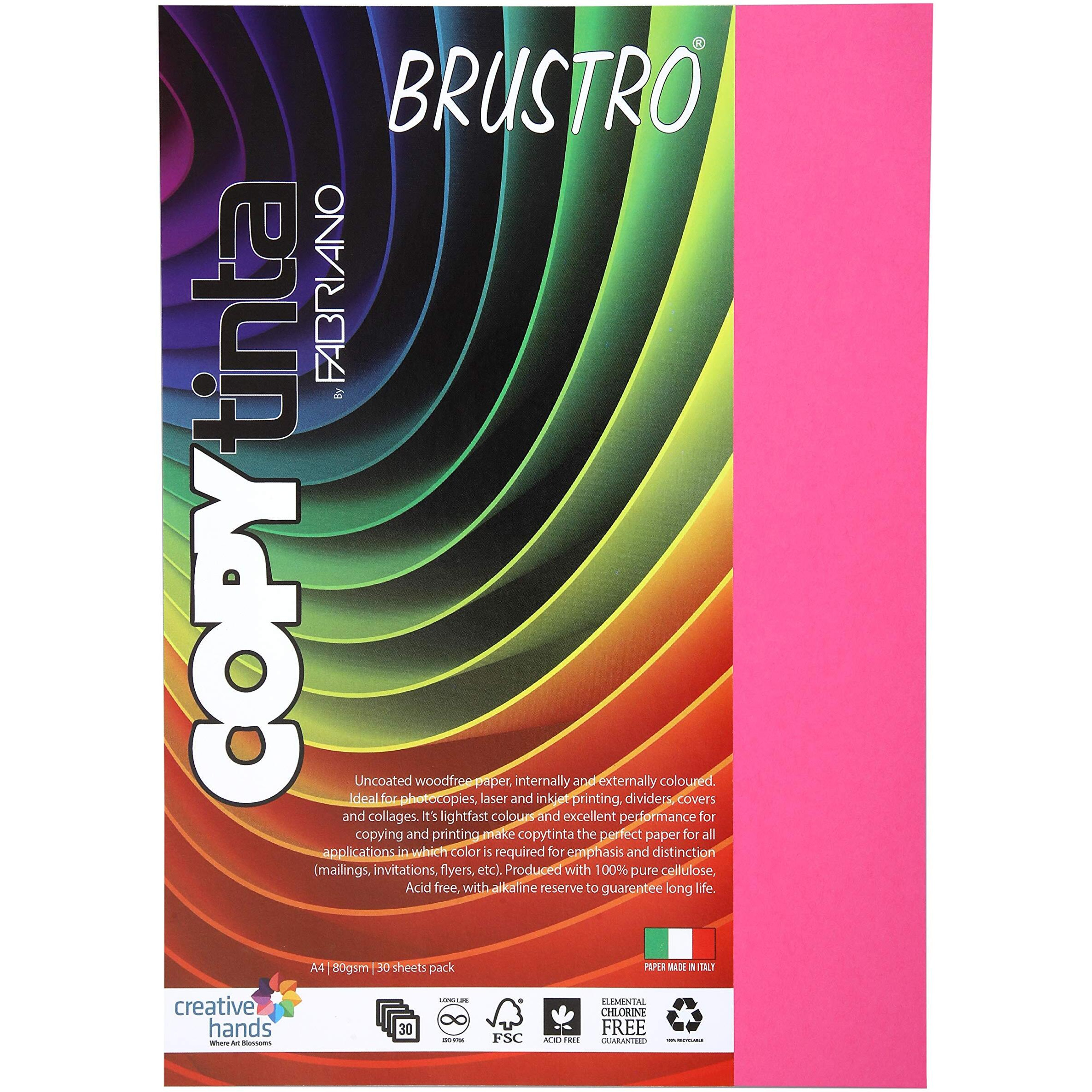 BRUSTRO Copytinta Coloured Craft Paper A4 Size 80 GSM Pink Shade (FUCSIA), 30 Sheets Pack. Double Side Coloured for Office Printing, Art, Origami, Craft.