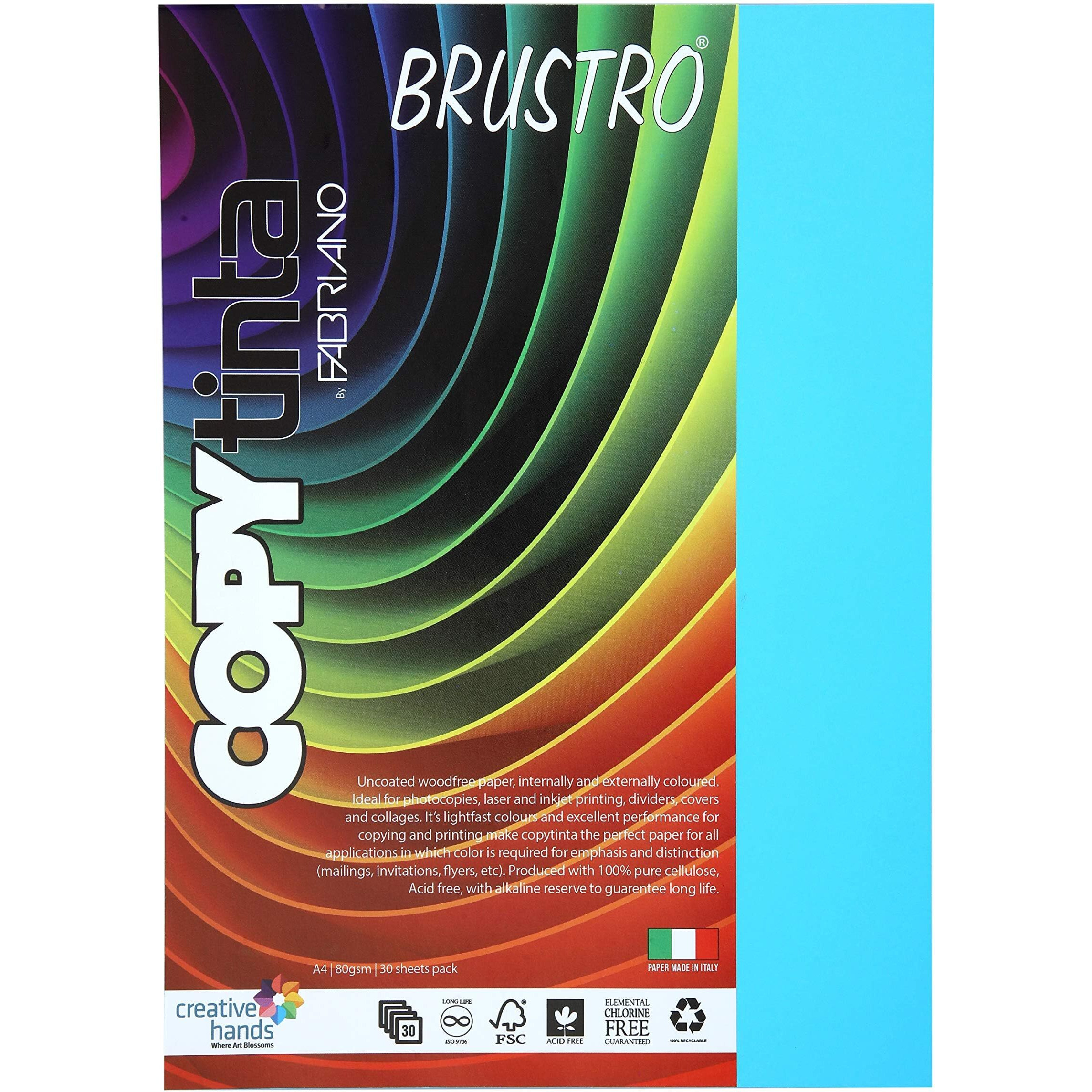 BRUSTRO Copytinta Coloured Craft Paper A4 Size 80 GSM Sky Blue Shade (CELESTE), 30 Sheets Pack. Double Side Coloured for Office Printing, Art, Origami, Craft.