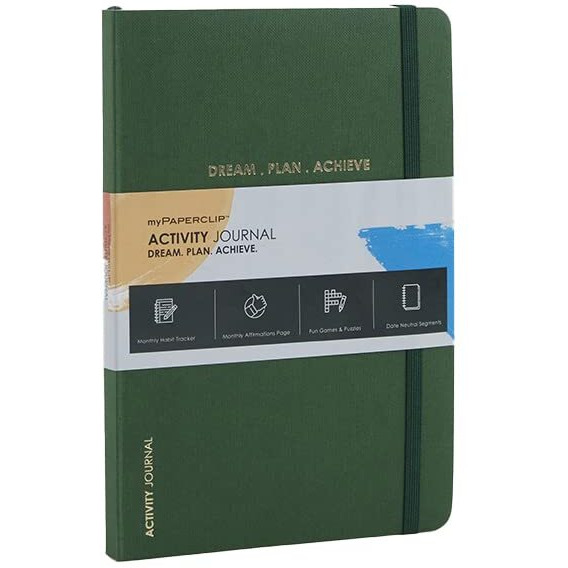 myPAPERCLIP Activity Series Dream-Plan-Achieve Journal Notebook | Featuring Monthly Habit Tracker, Monthly Affirmation Page, Fun Games & Puzzles | Medium, Plan, 144 Pages, Green, Pack of 1