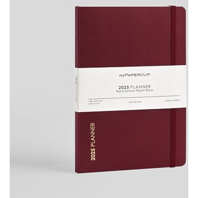 myPAPERCLIP 2025 Weekly Planner, Section Thread Bound, Hand Drawn Paper Back, A5 (148 x 210 mm, 5.83 x 8.27 in), Claret