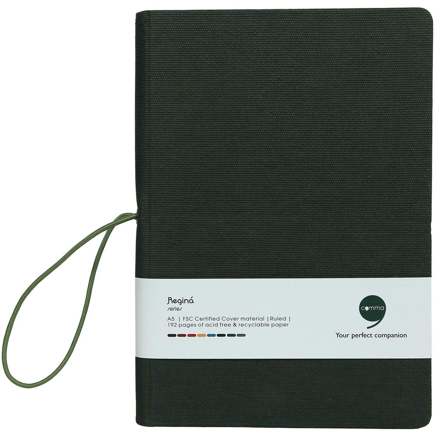 Comma Regina  A5 Size  Hard Bound Notebook with a Horizontal Elastic Band Closure  192 Pages  80gsm Natural Shade Paper  Fabric Cover Material  (Dark Green)