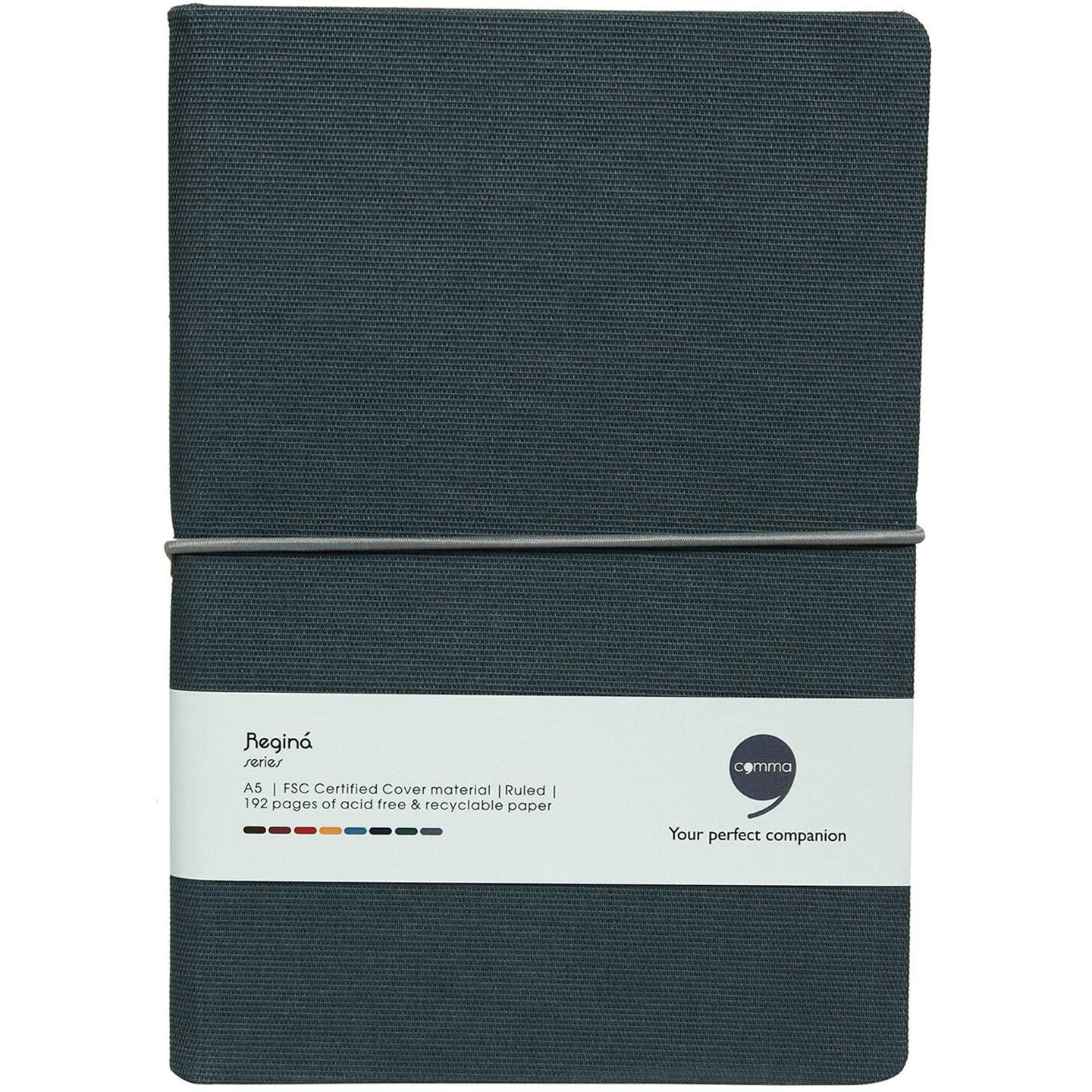 COMMA Regina  A5 Size  Hard Bound Notebook with a Horizontal Elastic Band Closure  192 Pages  80gsm Natural Shade Paper  Fabric Cover Material  (Greyish Green)