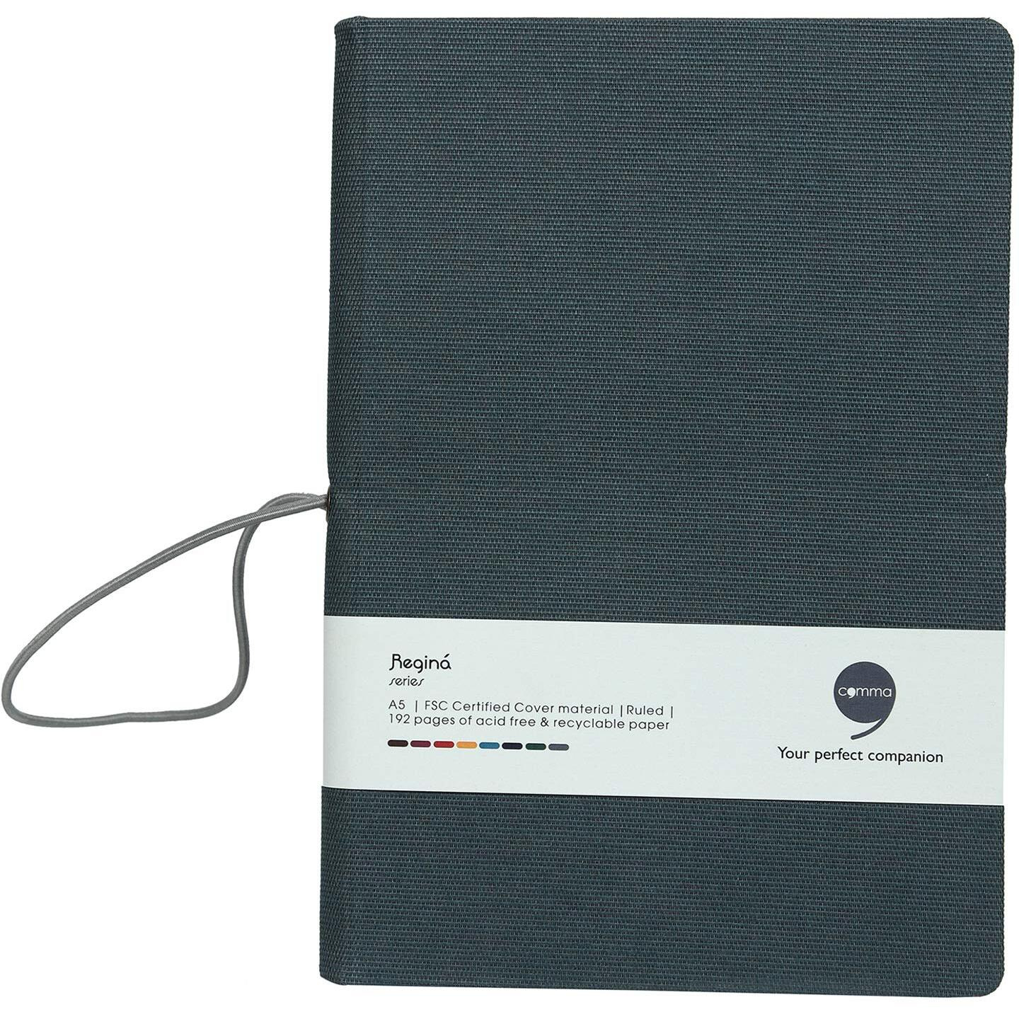 COMMA Regina  A5 Size  Hard Bound Notebook with a Horizontal Elastic Band Closure  192 Pages  80gsm Natural Shade Paper  Fabric Cover Material  (Greyish Green)