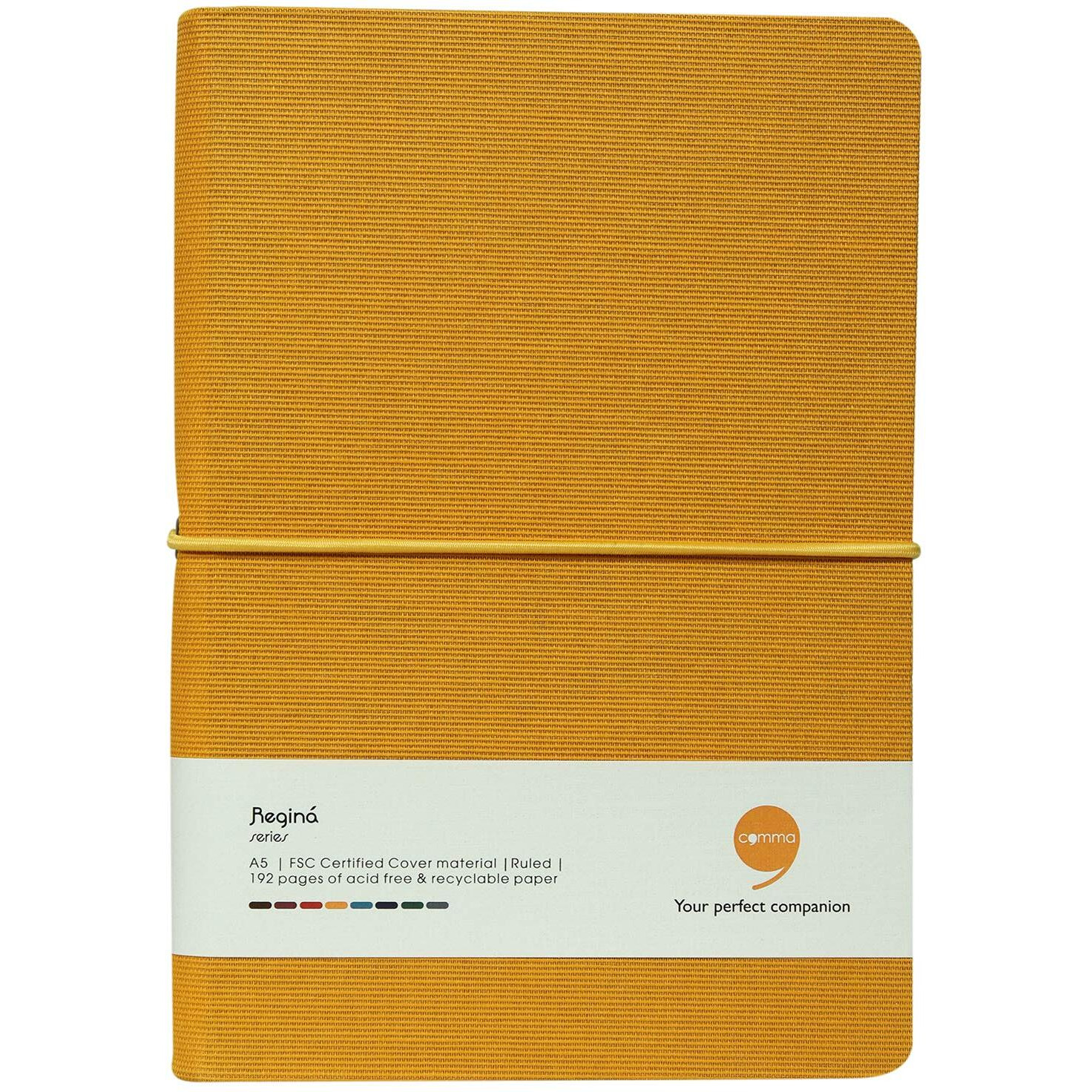 COMMA Regina  A5 Size  Hard Bound Notebook with a Horizontal Elastic Band Closure  192 Pages  80gsm Natural Shade Paper  Fabric Cover Material  (Mustard Yellow)