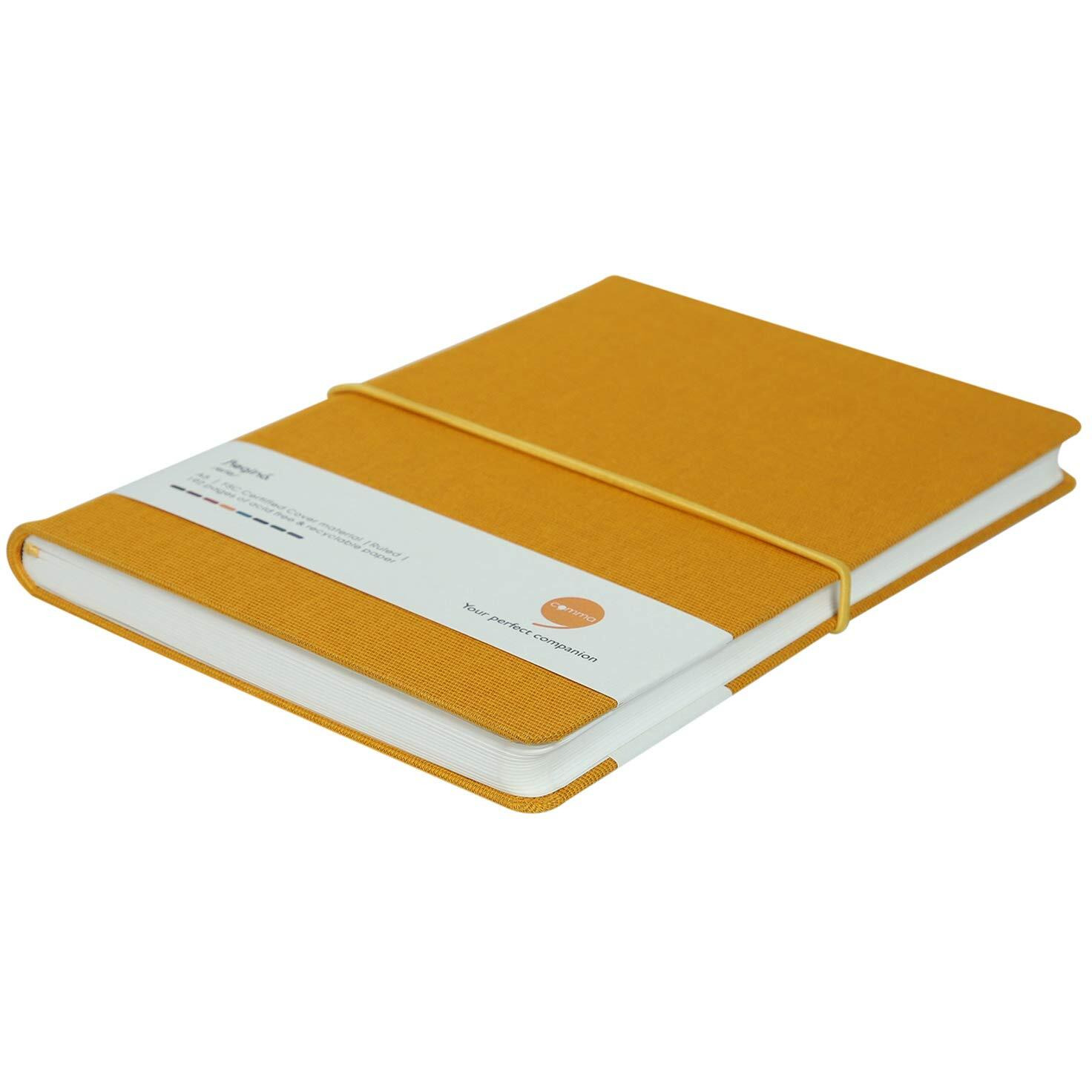 COMMA Regina  A5 Size  Hard Bound Notebook with a Horizontal Elastic Band Closure  192 Pages  80gsm Natural Shade Paper  Fabric Cover Material  (Mustard Yellow)