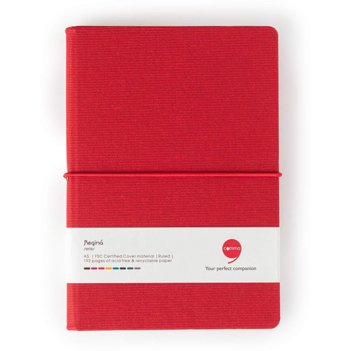 Comma Regina  A5 Size  Hard Bound Notebook with a Horizontal Elastic Band Closure  192 Pages  80gsm Natural Shade Paper  Linen Fabric Cover Material  (Red)