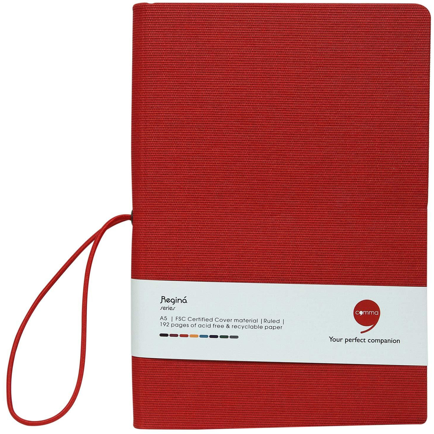 Comma Regina  A5 Size  Hard Bound Notebook with a Horizontal Elastic Band Closure  192 Pages  80gsm Natural Shade Paper  Linen Fabric Cover Material  (Red)