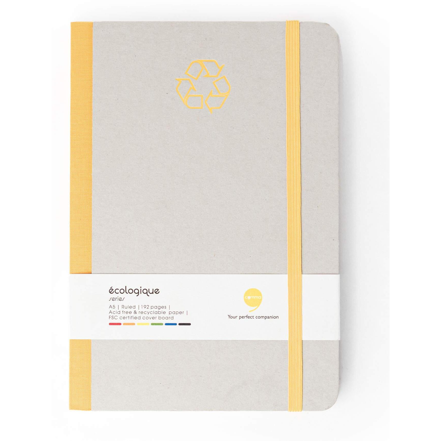 Comma Ecologique  A5 Size  Eco-Friendly Hard Bound Notebook with Elastic Band Closure  192 Pages  80gsm Natural Shade Paper  Recycled Paper Board Cover  (Grey with Yellow)