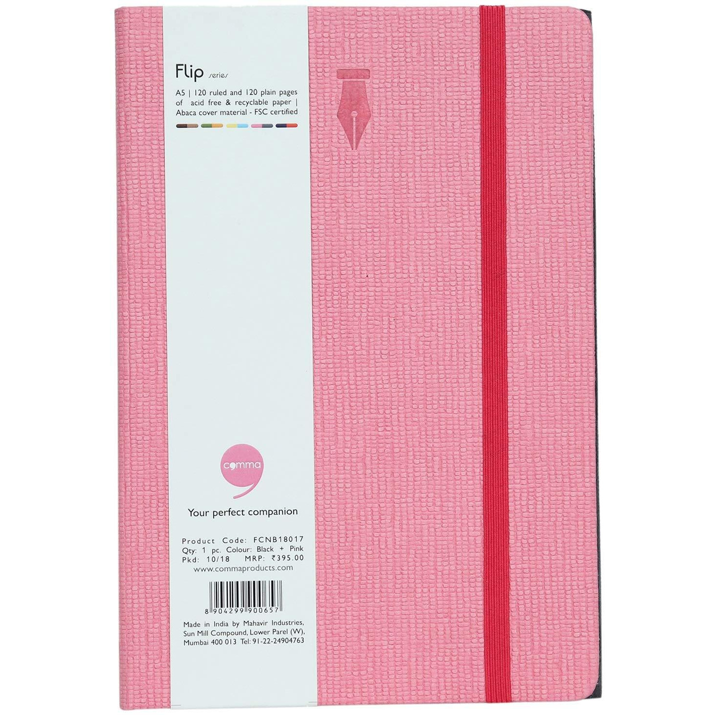 COMMA Flip  A5 Size  Notebook + Sketchbook  Double Sided Opening with Elastic Band Closure  120 Ruled + 120 Plain Pages  80gsm Natural Shade Paper  Textured Cover Material  (Black + Pink)