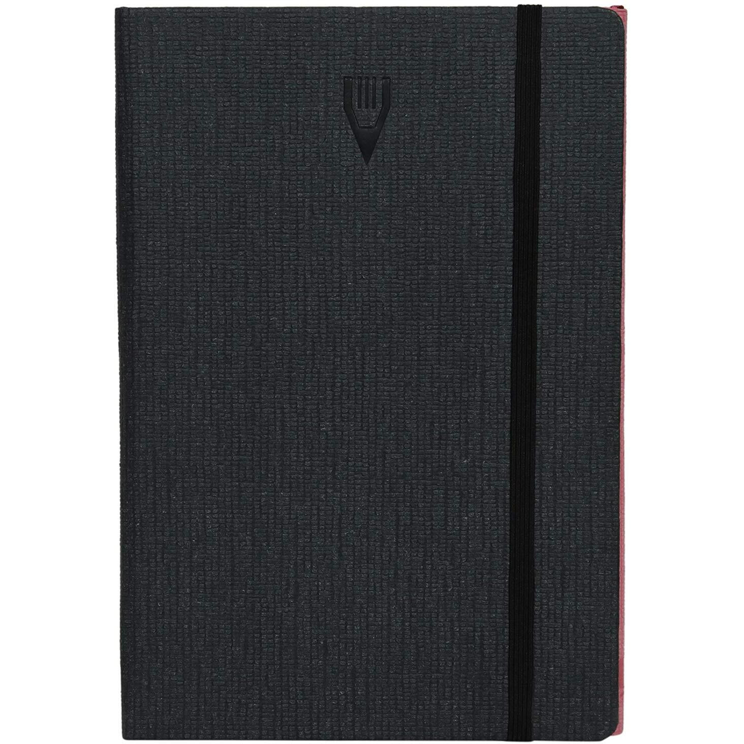 COMMA Flip  A5 Size  Notebook + Sketchbook  Double Sided Opening with Elastic Band Closure  120 Ruled + 120 Plain Pages  80gsm Natural Shade Paper  Textured Cover Material  (Black + Pink)