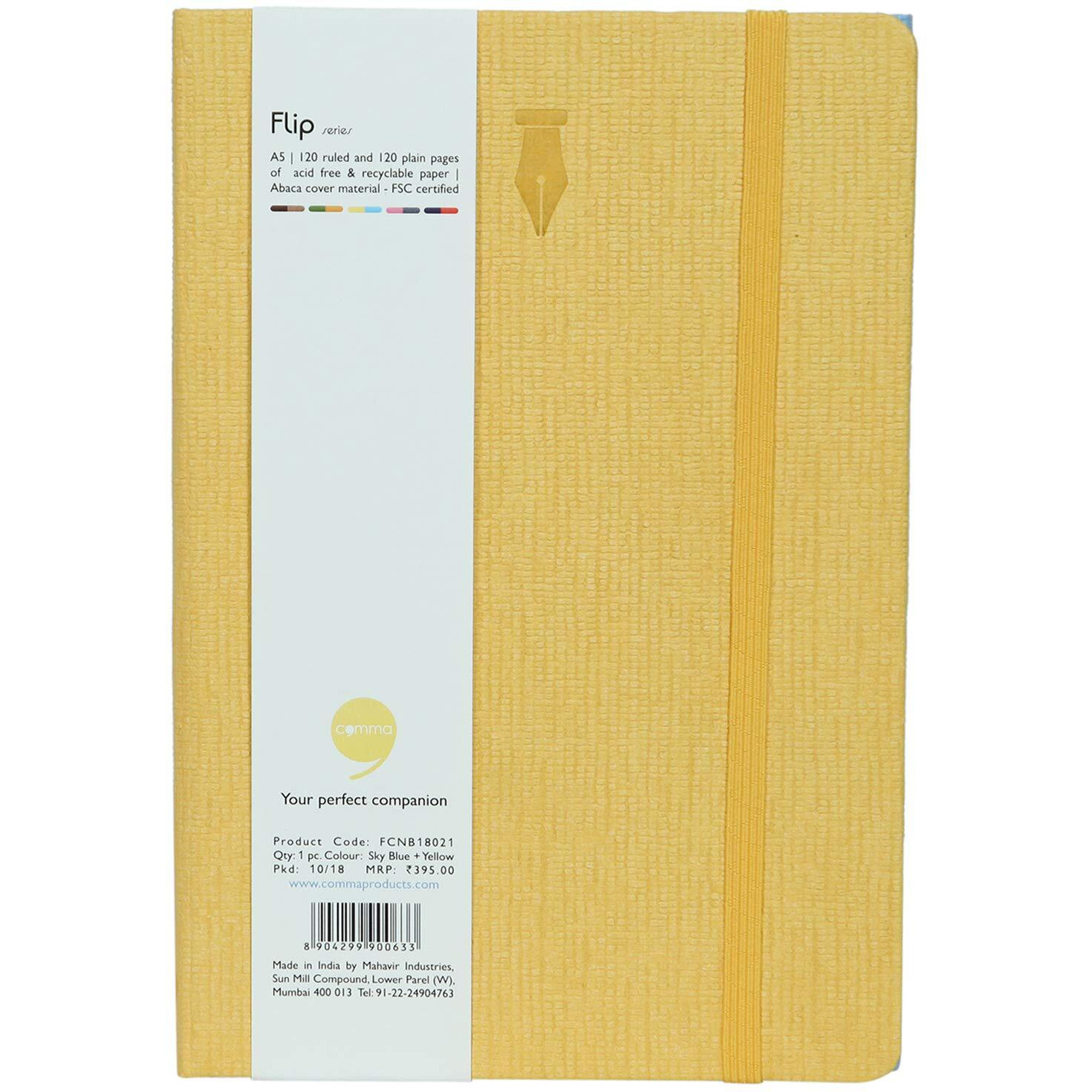 COMMA Flip  A5 Size  Notebook + Sketchbook  Double Sided Opening with Elastic Band Closure  120 Ruled + 120 Plain Pages  80gsm Natural Shade Paper  Textured Cover Material  (Sky Blue + Yellow)