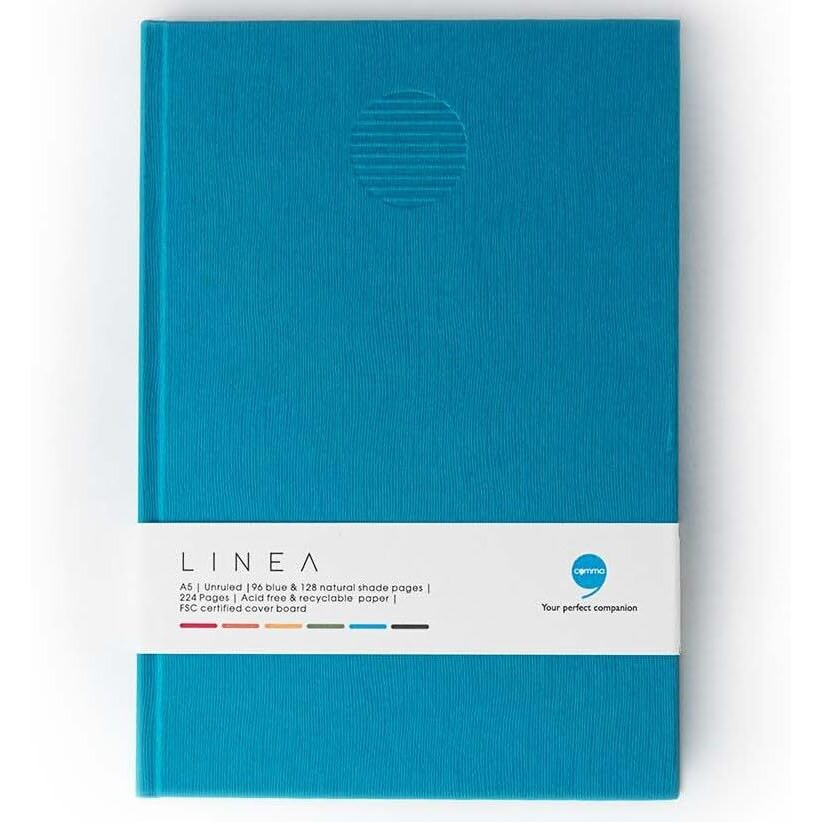 COMMA Linea | A5 size Hard Bound Notebook | 96 Coloured & 128 Natural Shade Unruled Pages of 80gsm Paper (Aqua Blue)