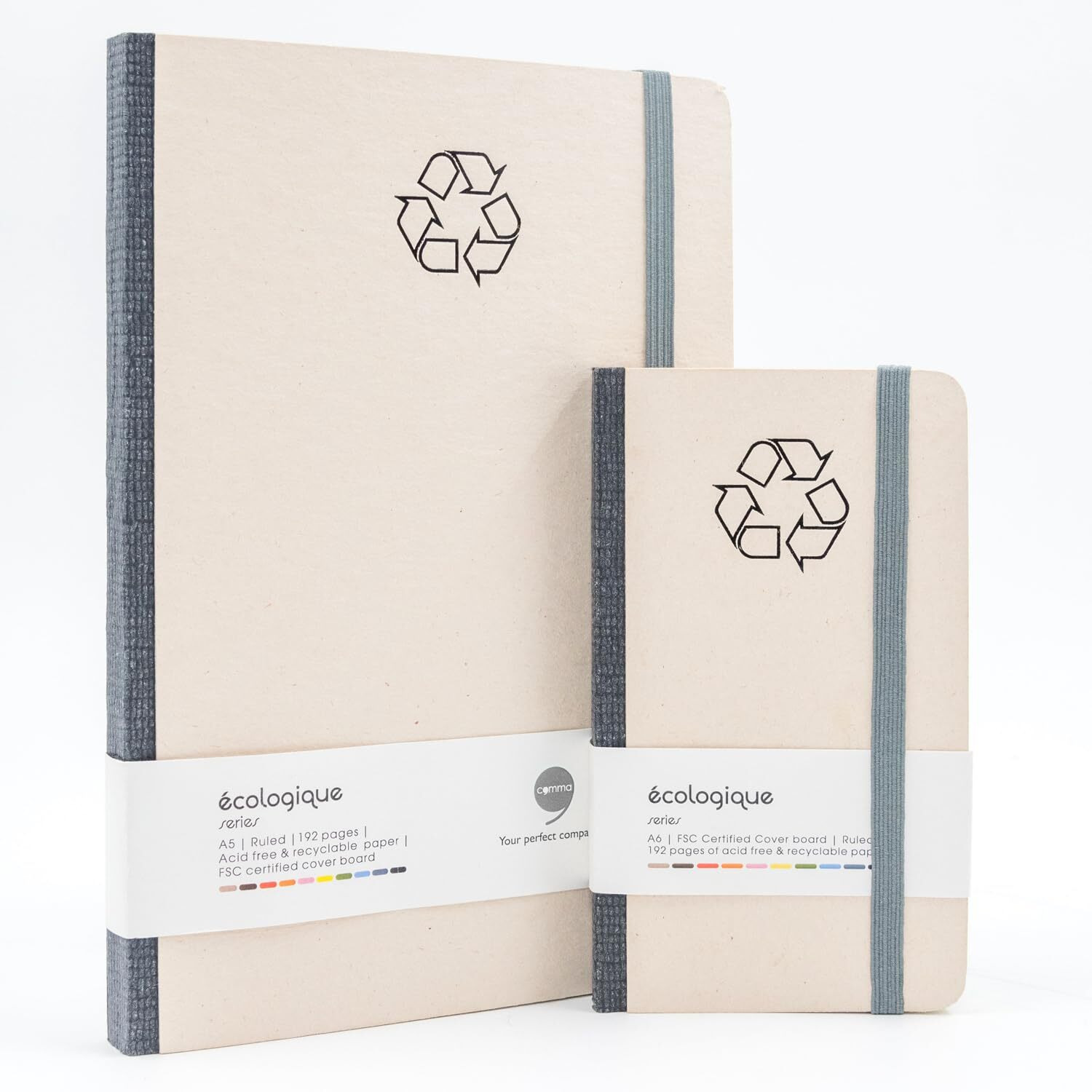 COMMA | Ecologique Notebook Combo | A5 Size & A6 Pocket Size | Eco-friendly Hard Bound Notebook with Elastic Band Closure | 192 Pages | 80gsm Natural Shade Paper | Recycled Cover Board  Black