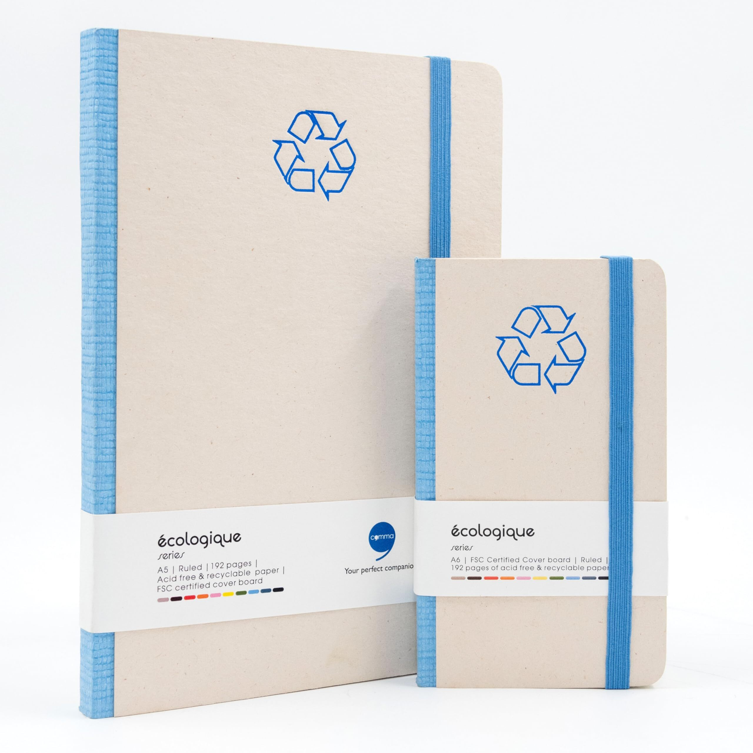 COMMA | Ecologique Notebook Combo | A5 Size & A6 Pocket Size | Eco-friendly Hard Bound Notebook with Elastic Band Closure | 192 Pages | 80gsm Natural Shade Paper | Recycled Cover Board  Blue