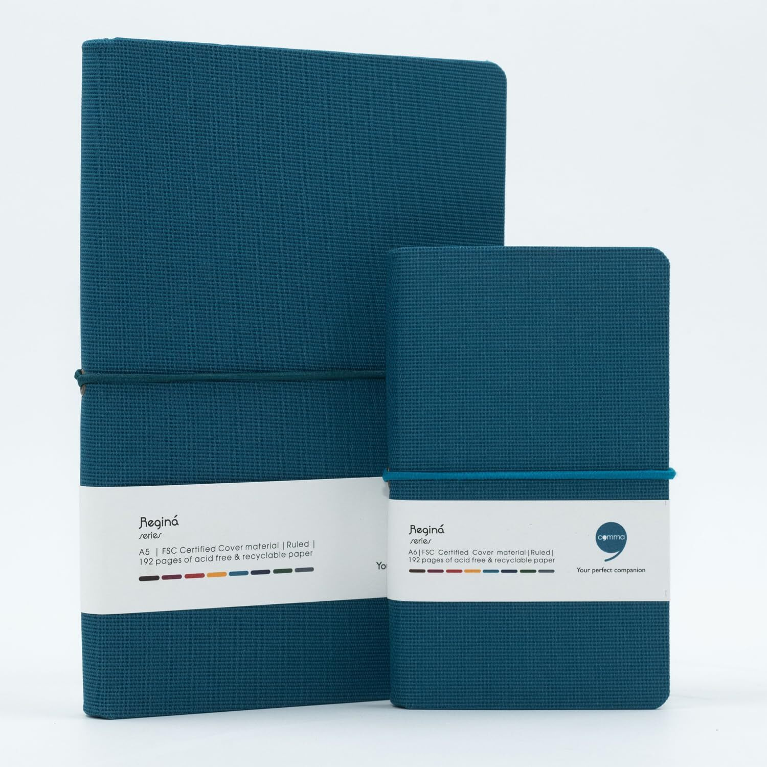 Comma Regina Combo | A5 Size Hard Bound Notebook & A6 Size Hard Bound Pocket Notebook with a Horizontal Elastic Band Closure | 192 Pages | 80gsm Natural Shade Paper | Linen Fabric Cover Material - Peacock Blue