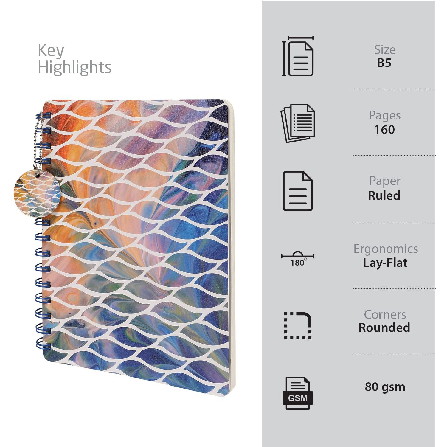 DOODLE Hard Bound Spiral Notebook Diary with Bookmark Dangler and Sticker Pages I B5 I Undated I 160 Ruled Pages I 80 GSM (Earthy Waves)