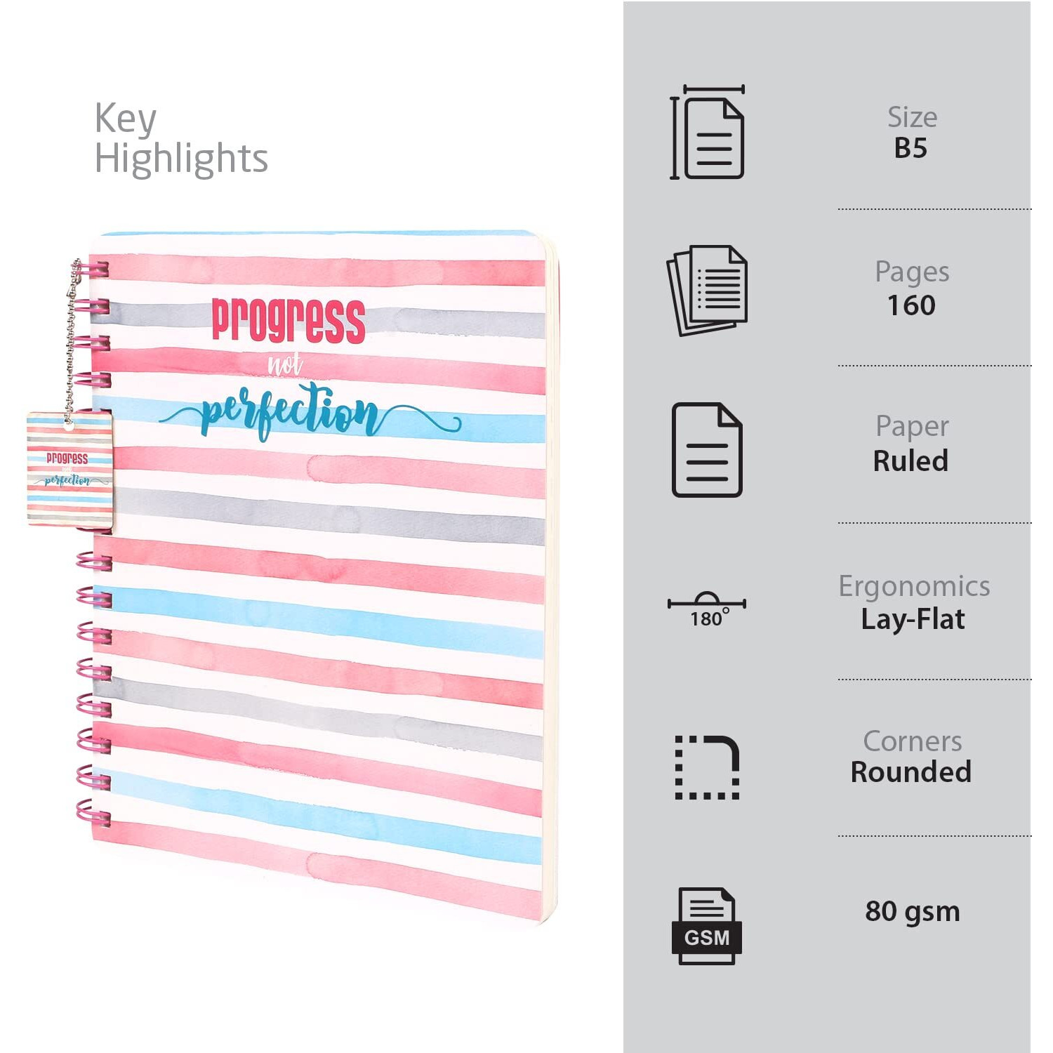 DOODLE Hard Bound Spiral Notebook Diary with Bookmark Dangler and Sticker Pages I B5 I Undated I 160 Ruled Pages I 80 GSM(Chase Progress)