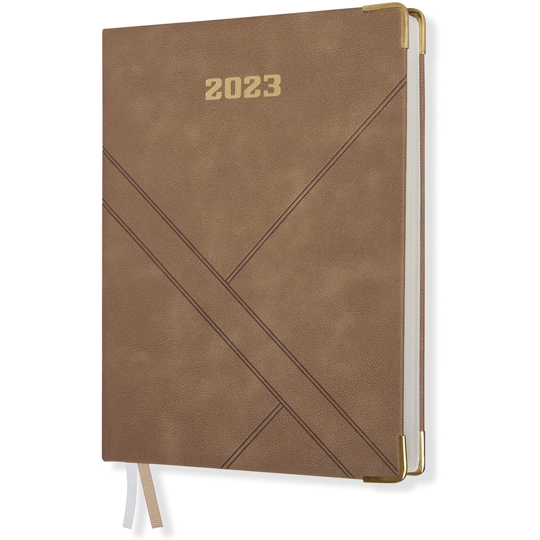 DOODLE 2023 Dated Executive Diary Planner | B5 Size | One-Day-to-a-Page New Year Diary with Metal Corner & Two Bookmarks | 360 pages | PU (Faux Leather) Cover Material (Beige)