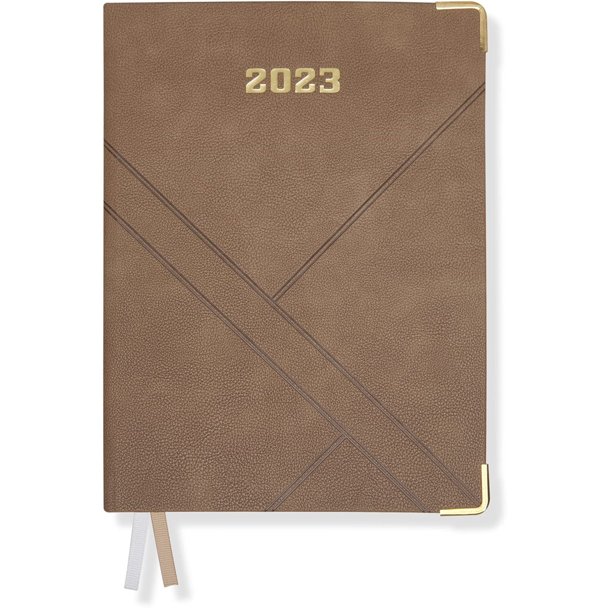 DOODLE 2023 Dated Executive Diary Planner | B5 Size | One-Day-to-a-Page New Year Diary with Metal Corner & Two Bookmarks | 360 pages | PU (Faux Leather) Cover Material (Beige)