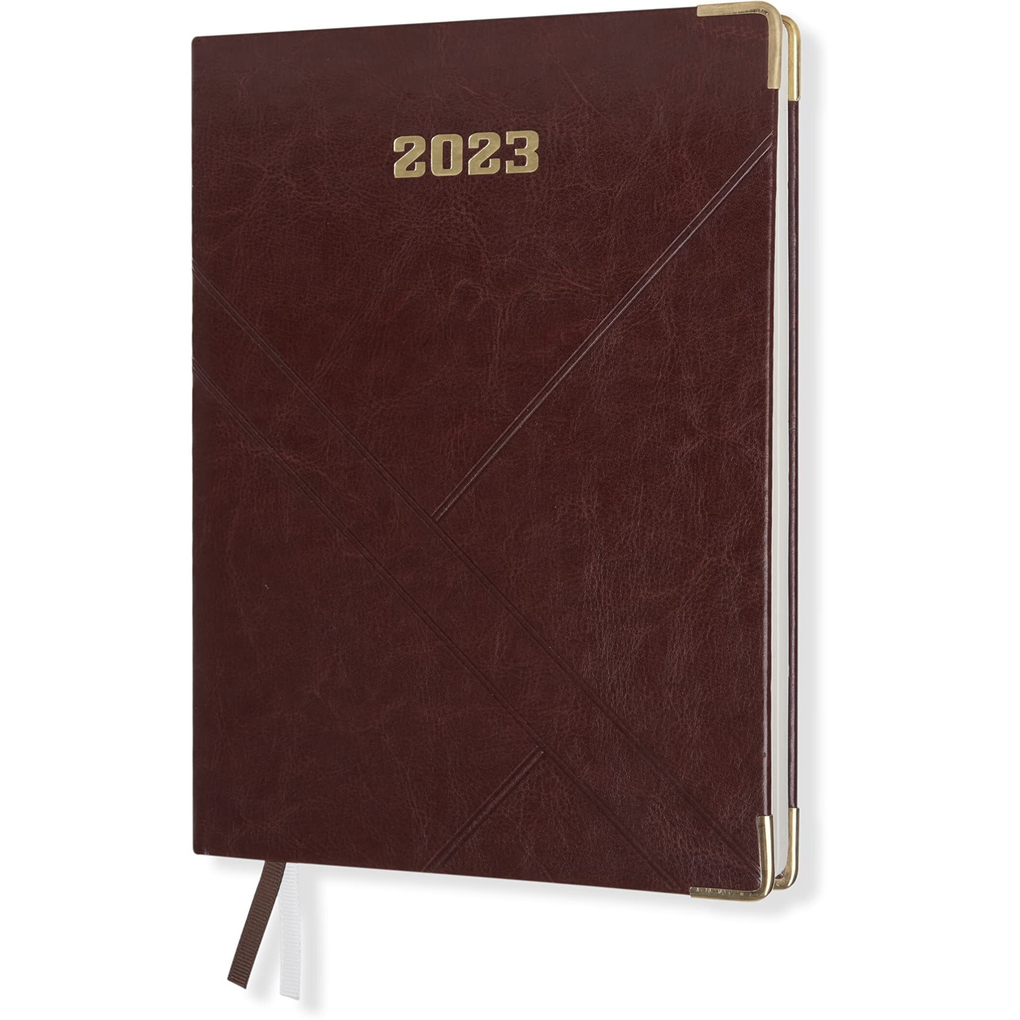 DOODLE 2023 Dated Executive Diary Planner | B5 Size | One-Day-to-a-Page New Year Diary with Metal Corner & Two Bookmarks | 360 pages | PU (Faux Leather) Cover Material (Brown)