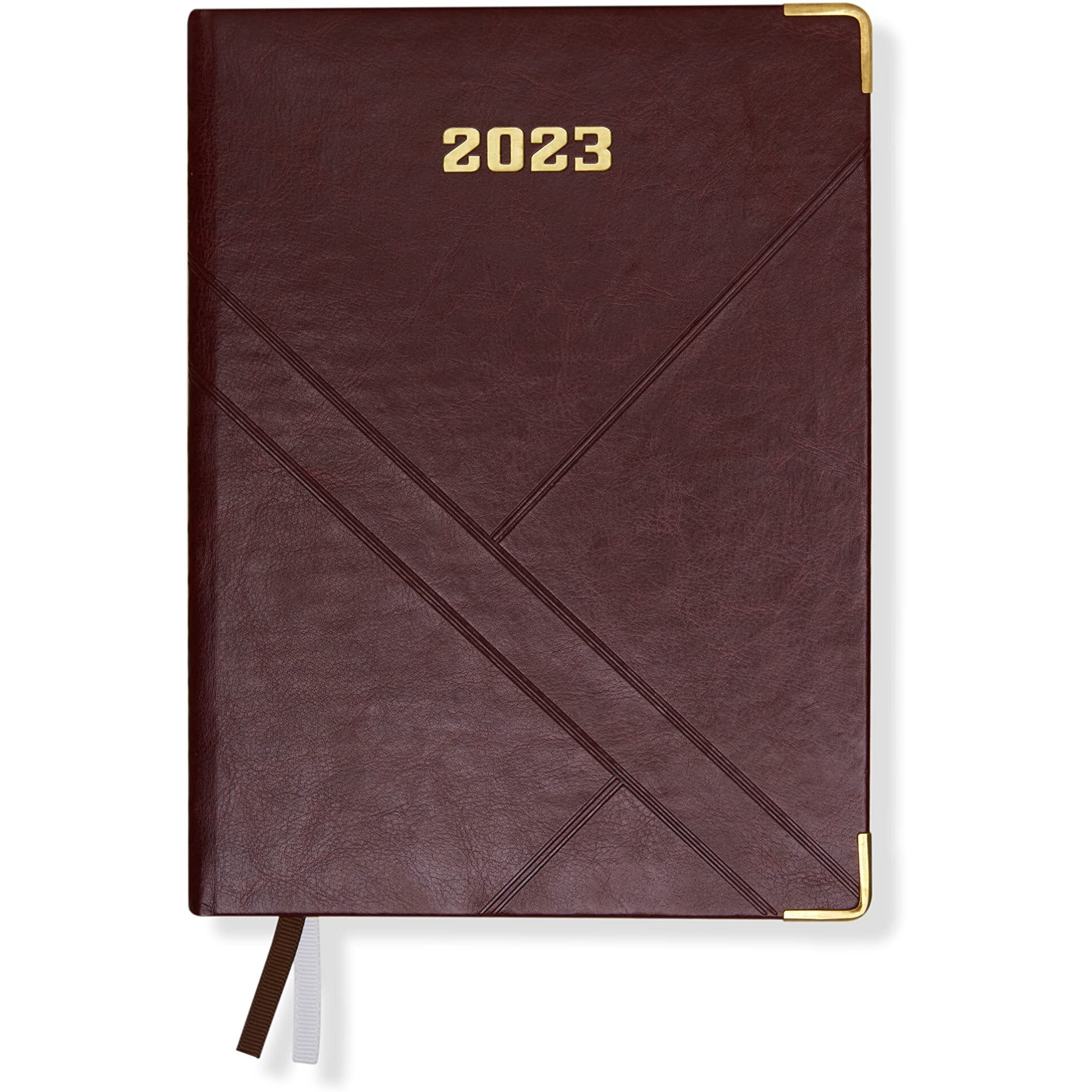 DOODLE 2023 Dated Executive Diary Planner | B5 Size | One-Day-to-a-Page New Year Diary with Metal Corner & Two Bookmarks | 360 pages | PU (Faux Leather) Cover Material (Brown)