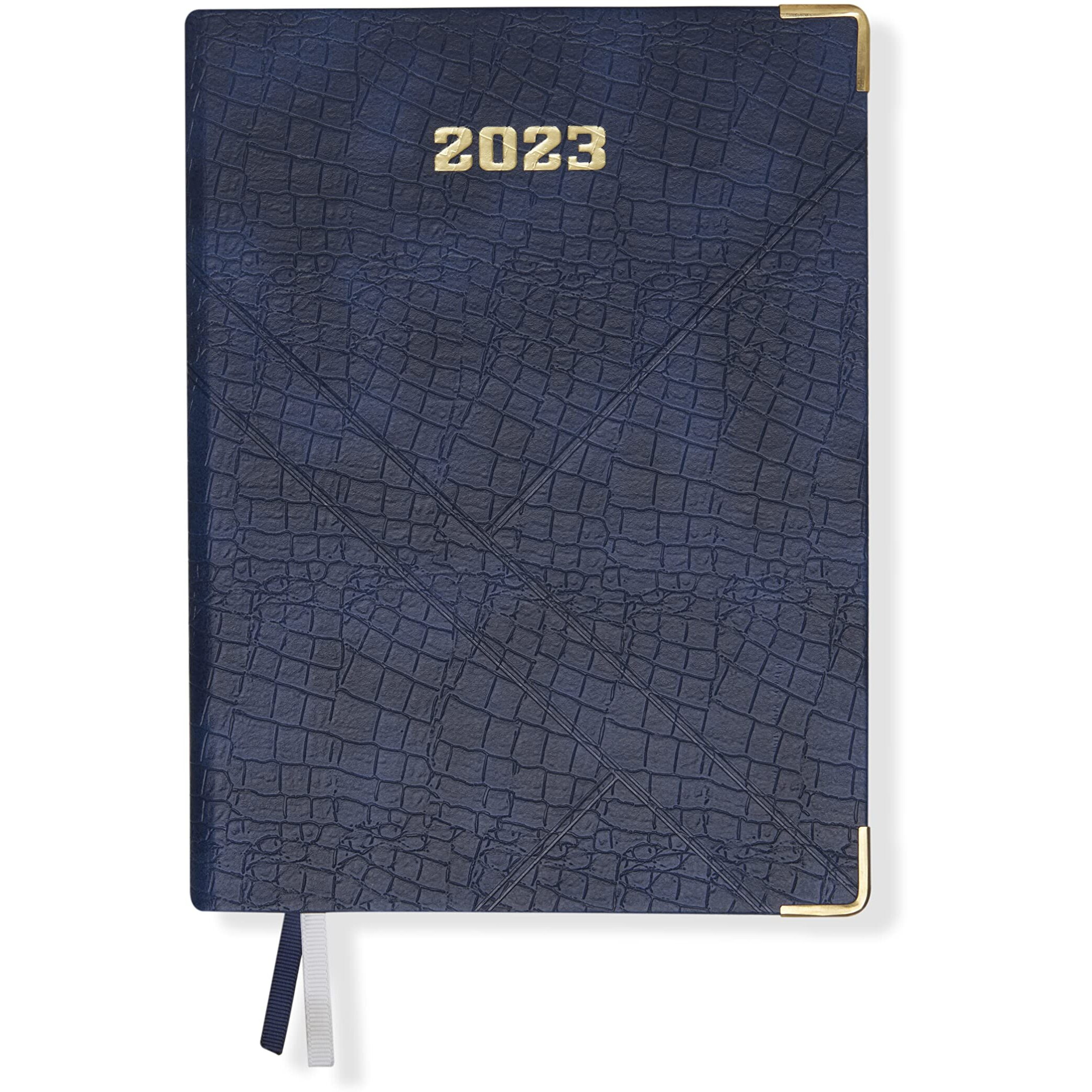 DOODLE 2023 Dated Executive Diary Planner | B5 Size | One-Day-to-a-Page New Year Diary with Metal Corner & Two Bookmarks | 360 pages | PU (Faux Leather) Cover Material (Blue)