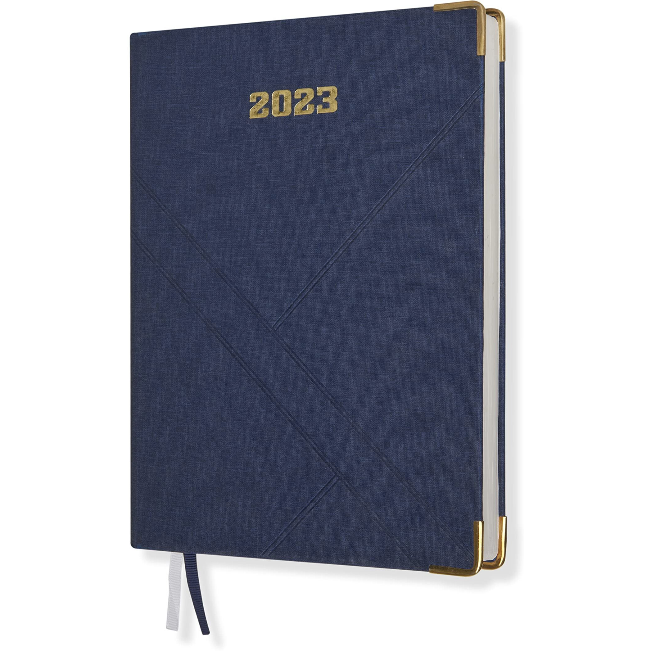 DOODLE 2023 Dated Executive Diary Planner | B5 Size | One-Day-to-a-Page New Year Diary with Metal Corner & Two Bookmarks | 360 pages | PU (Faux Leather) Cover Material (Navy Blue)