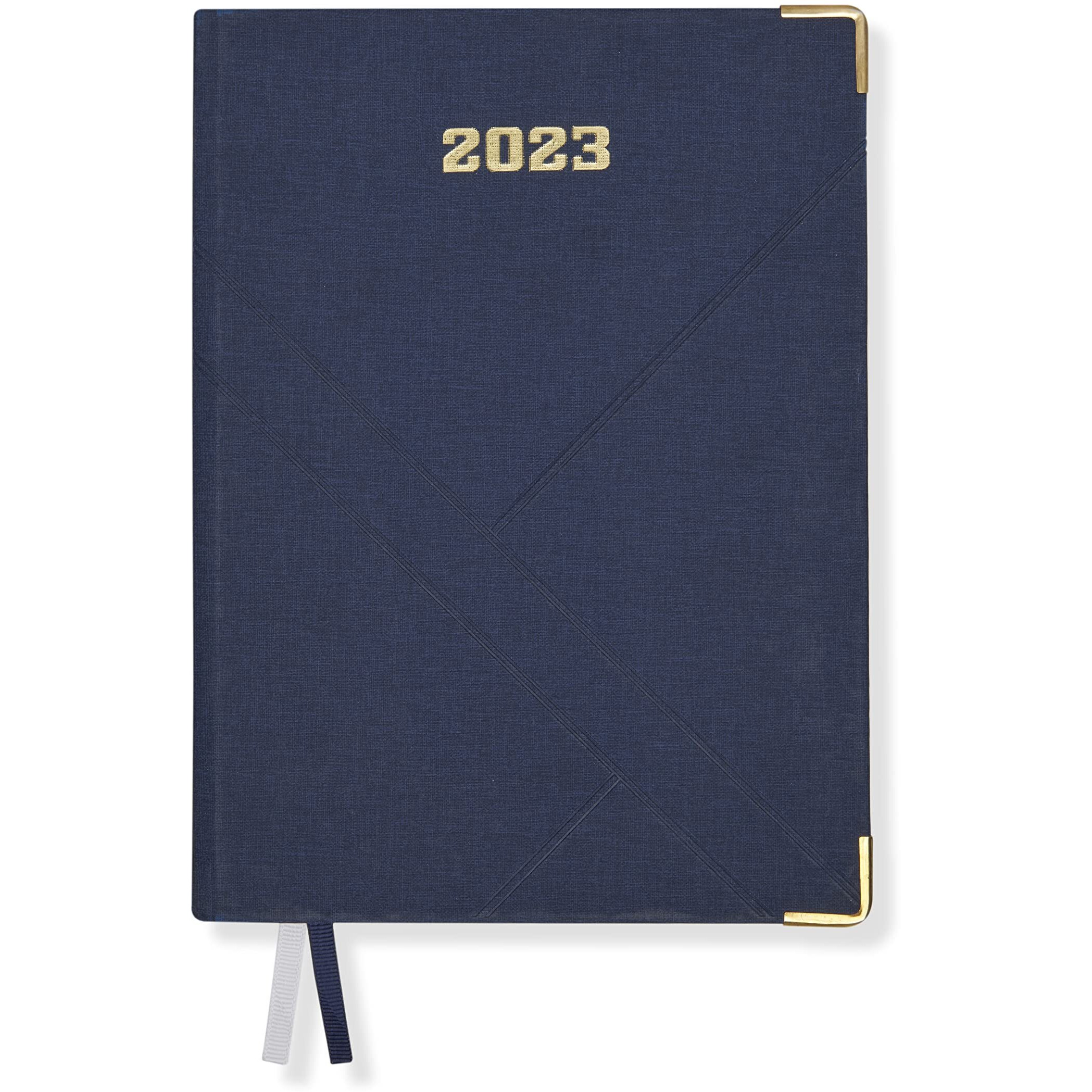 DOODLE 2023 Dated Executive Diary Planner | B5 Size | One-Day-to-a-Page New Year Diary with Metal Corner & Two Bookmarks | 360 pages | PU (Faux Leather) Cover Material (Navy Blue)