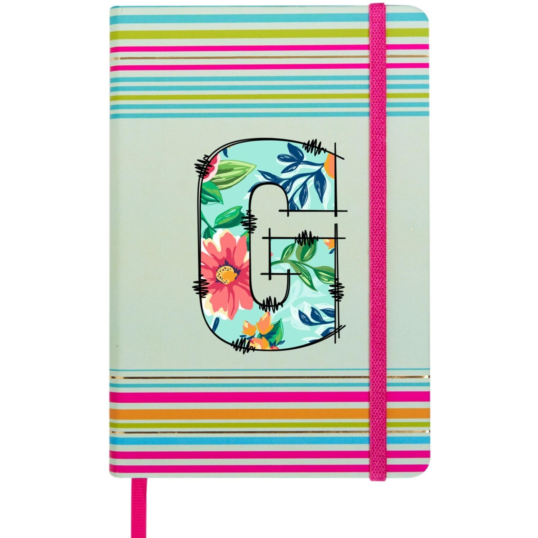 DOODLE Initial G Stripes Theme Premium Hard Bound B6 Notebook Diary|192 Ruled Pages(144 ruled + 48 blank)|4.75 * 7 Inches, 80 GSM Paper, Coloured Elastic Band, Coloured Ribbon