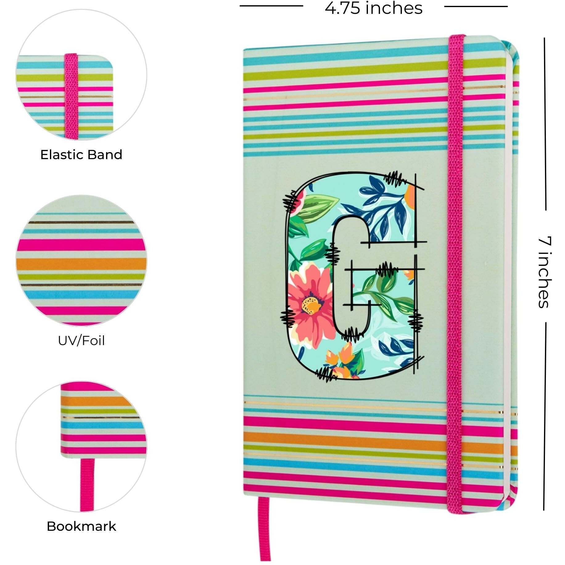 DOODLE Initial G Stripes Theme Premium Hard Bound B6 Notebook Diary|192 Ruled Pages(144 ruled + 48 blank)|4.75 * 7 Inches, 80 GSM Paper, Coloured Elastic Band, Coloured Ribbon