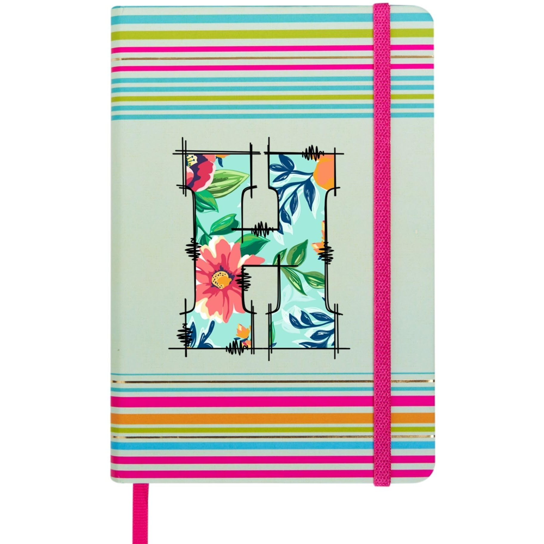 DOODLE Initial H Stripes Theme Premium Hard Bound B6 Notebook Diary|192 Ruled Pages(144 ruled + 48 blank)|4.75 * 7 Inches, 80 GSM Paper, Coloured Elastic Band, Coloured Ribbon