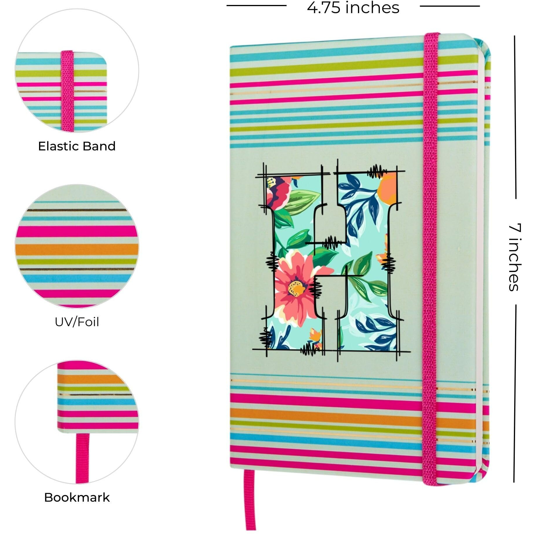 DOODLE Initial H Stripes Theme Premium Hard Bound B6 Notebook Diary|192 Ruled Pages(144 ruled + 48 blank)|4.75 * 7 Inches, 80 GSM Paper, Coloured Elastic Band, Coloured Ribbon