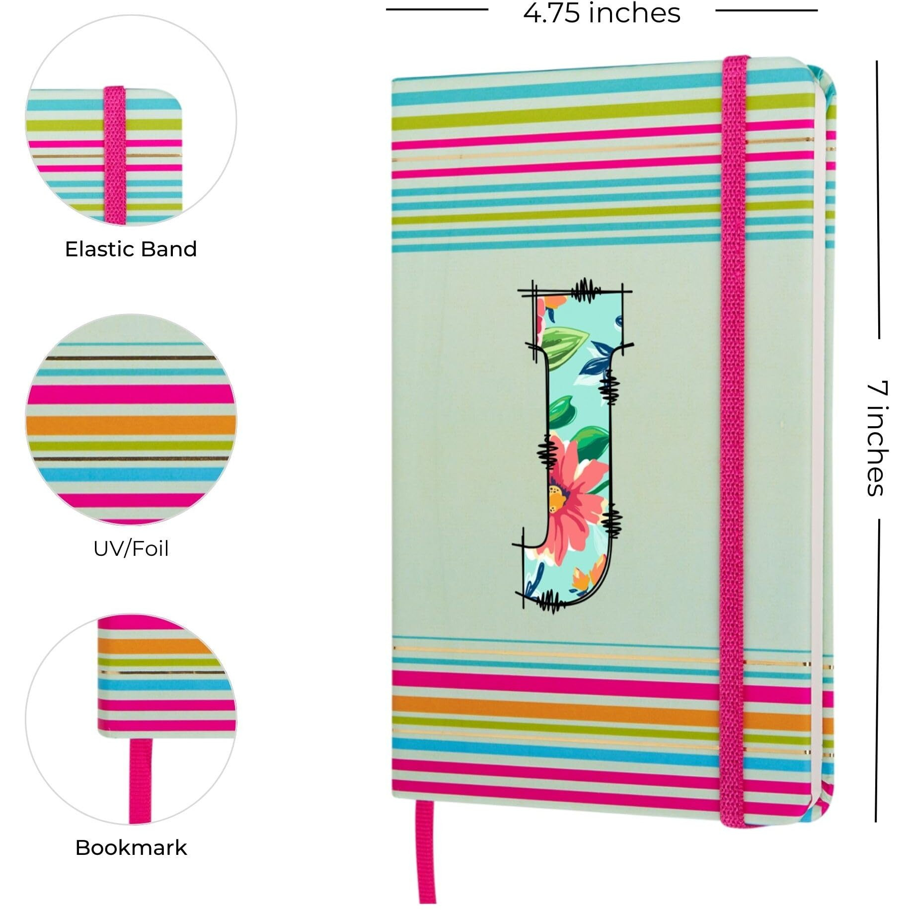 DOODLE Initial J Stripes Theme Premium Hard Bound B6 Notebook Diary|192 Ruled Pages(144 ruled + 48 blank)|4.75 * 7 Inches, 80 GSM Paper, Coloured Elastic Band, Coloured Ribbon