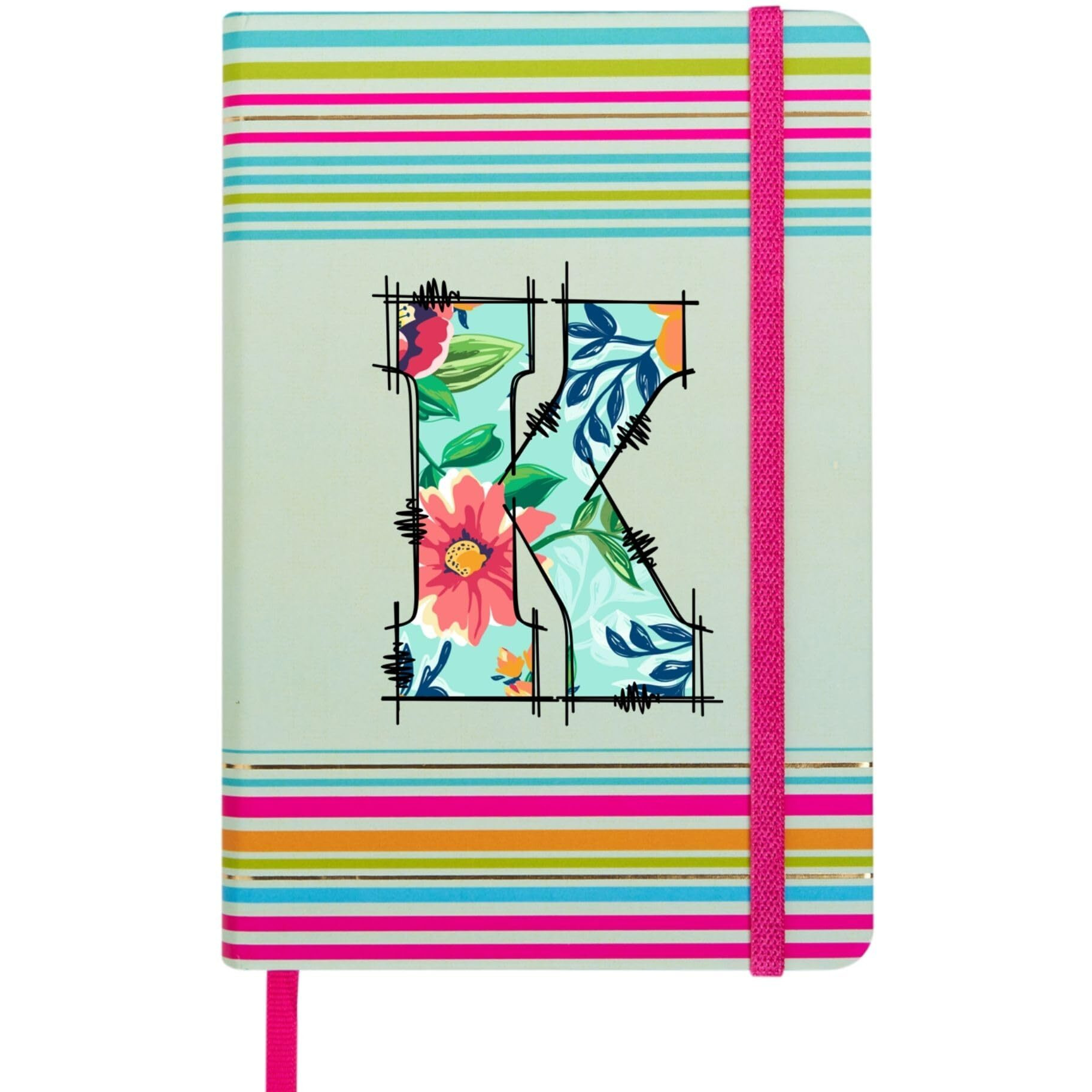 DOODLE Initial K Stripes Theme Premium Hard Bound B6 Notebook Diary|192 Ruled Pages(144 ruled + 48 blank)|4.75 * 7 Inches, 80 GSM Paper, Coloured Elastic Band, Coloured Ribbon