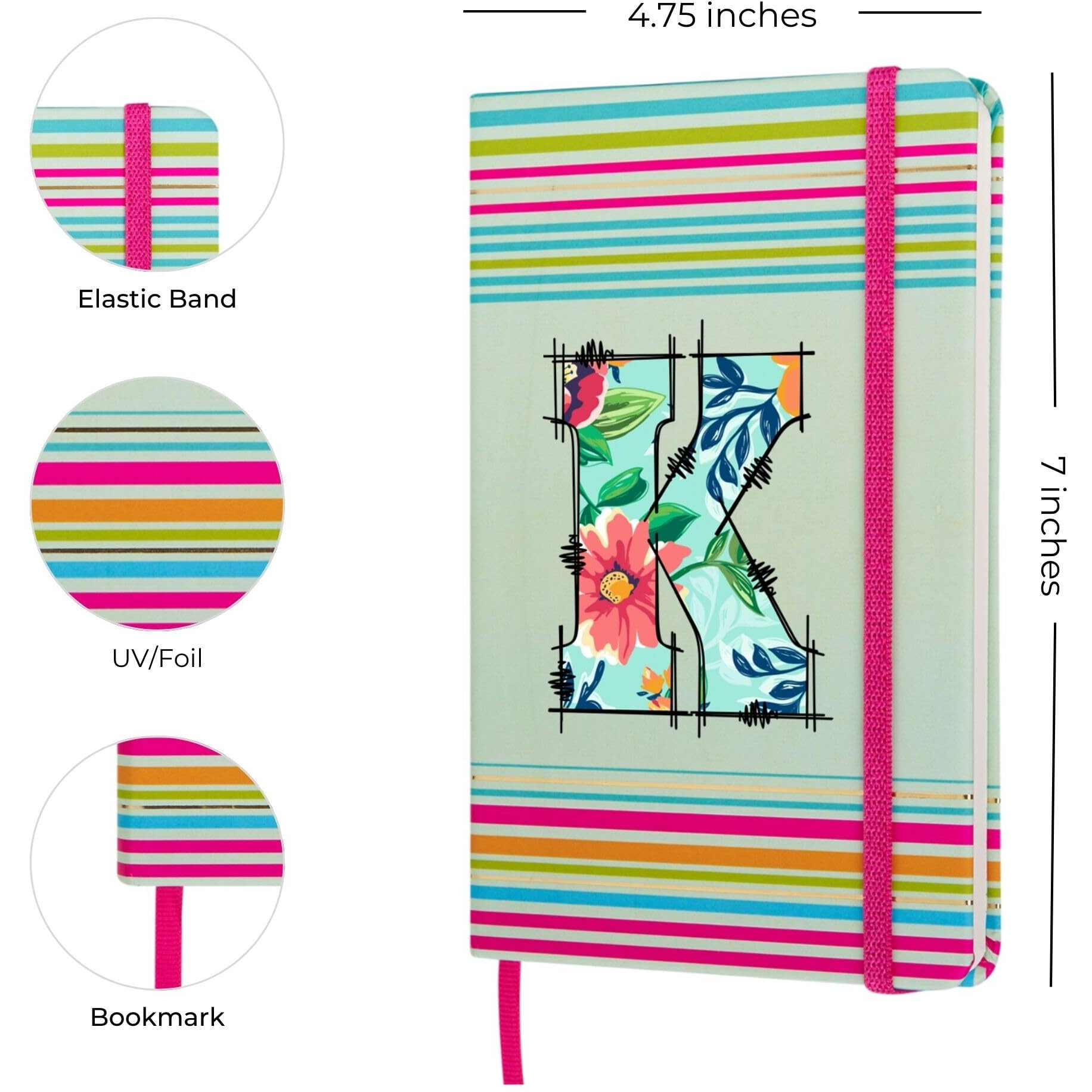 DOODLE Initial K Stripes Theme Premium Hard Bound B6 Notebook Diary|192 Ruled Pages(144 ruled + 48 blank)|4.75 * 7 Inches, 80 GSM Paper, Coloured Elastic Band, Coloured Ribbon