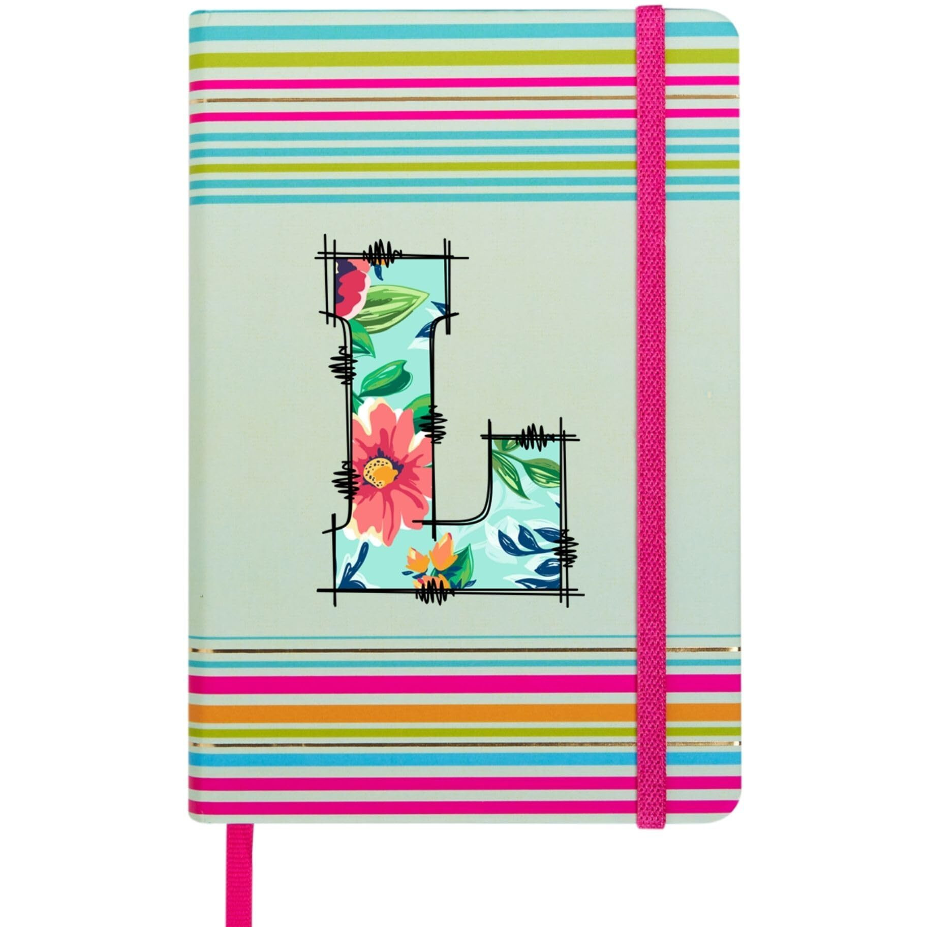 DOODLE Initial L Stripes Theme Premium Hard Bound B6 Notebook Diary|192 Ruled Pages(144 ruled + 48 blank)|4.75 * 7 Inches, 80 GSM Paper, Coloured Elastic Band, Coloured Ribbon