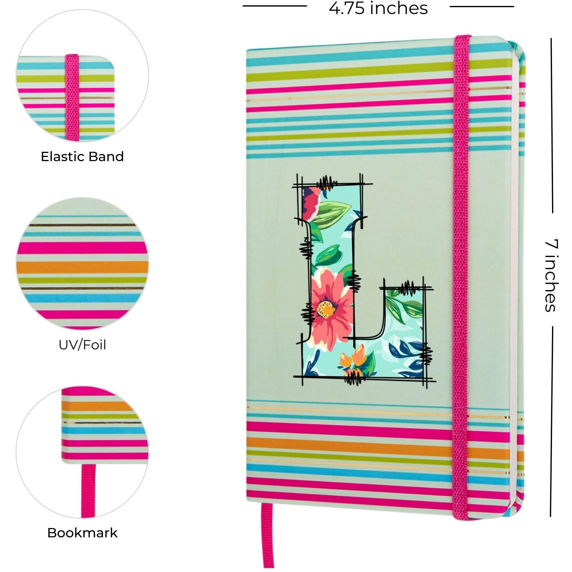 DOODLE Initial L Stripes Theme Premium Hard Bound B6 Notebook Diary|192 Ruled Pages(144 ruled + 48 blank)|4.75 * 7 Inches, 80 GSM Paper, Coloured Elastic Band, Coloured Ribbon