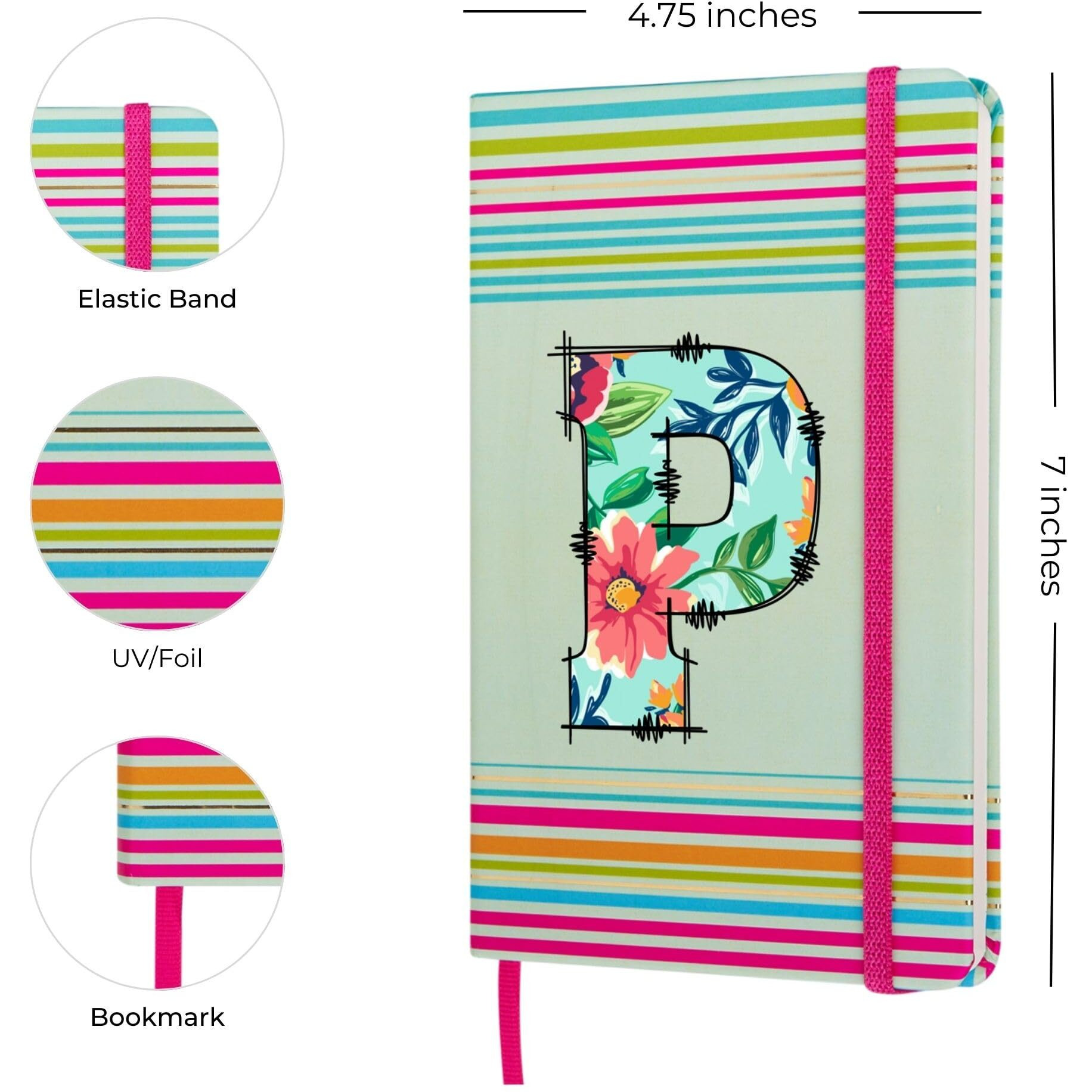 DOODLE Initial P Stripes Theme Premium Hard Bound B6 Notebook Diary|192 Ruled Pages(144 ruled + 48 blank)|4.75 * 7 Inches, 80 GSM Paper, Coloured Elastic Band, Coloured Ribbon