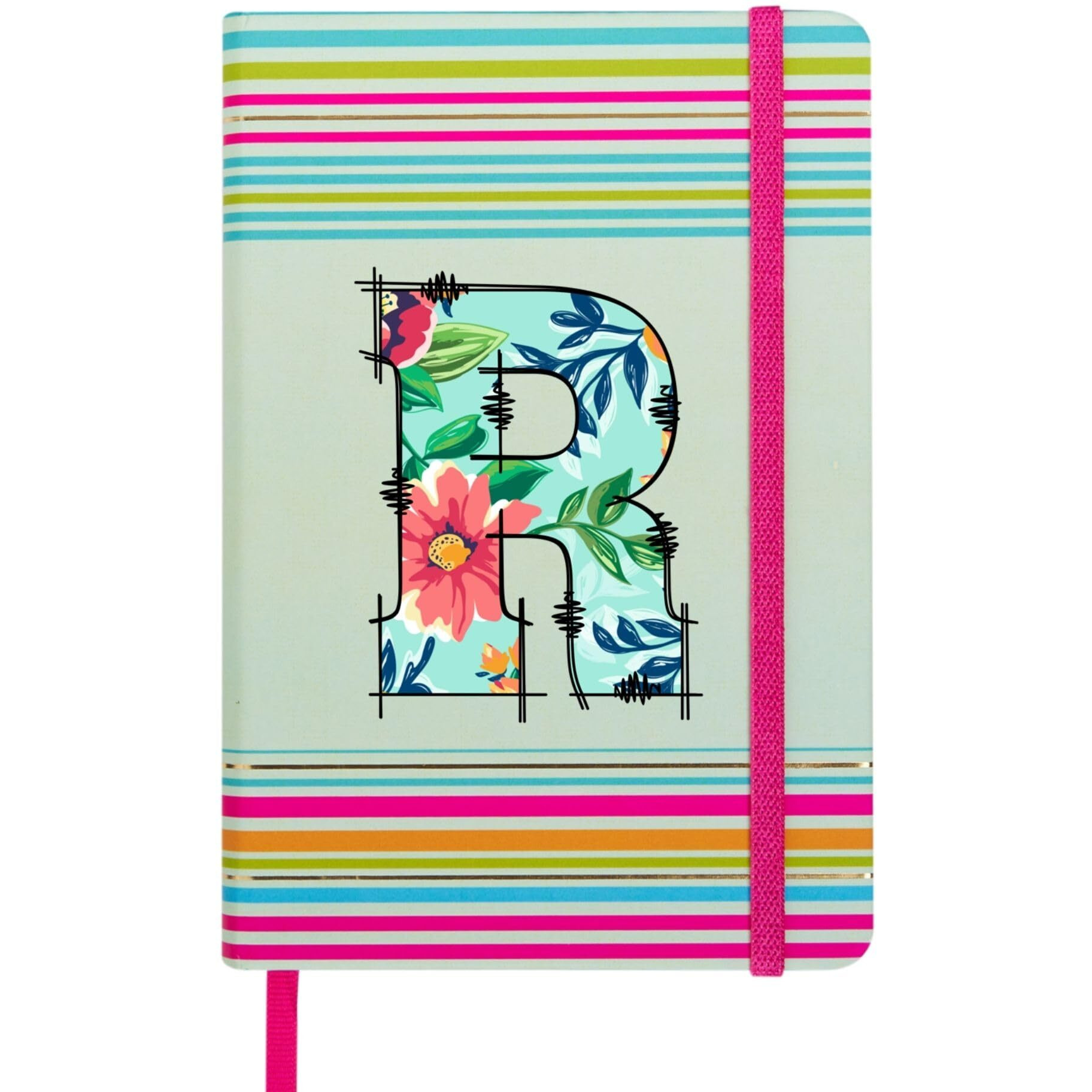 DOODLE Initial R Stripes Theme Premium Hard Bound B6 Notebook Diary|192 Ruled Pages(144 ruled + 48 blank)|4.75 * 7 Inches, 80 GSM Paper, Coloured Elastic Band, Coloured Ribbon