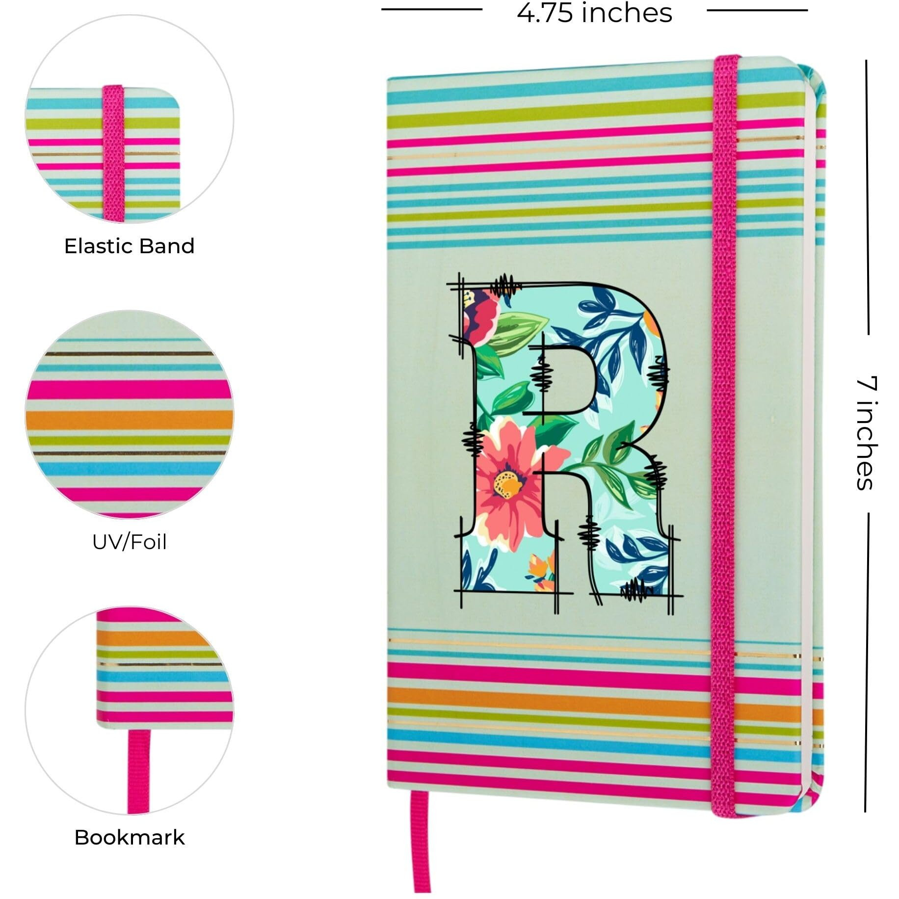 DOODLE Initial R Stripes Theme Premium Hard Bound B6 Notebook Diary|192 Ruled Pages(144 ruled + 48 blank)|4.75 * 7 Inches, 80 GSM Paper, Coloured Elastic Band, Coloured Ribbon
