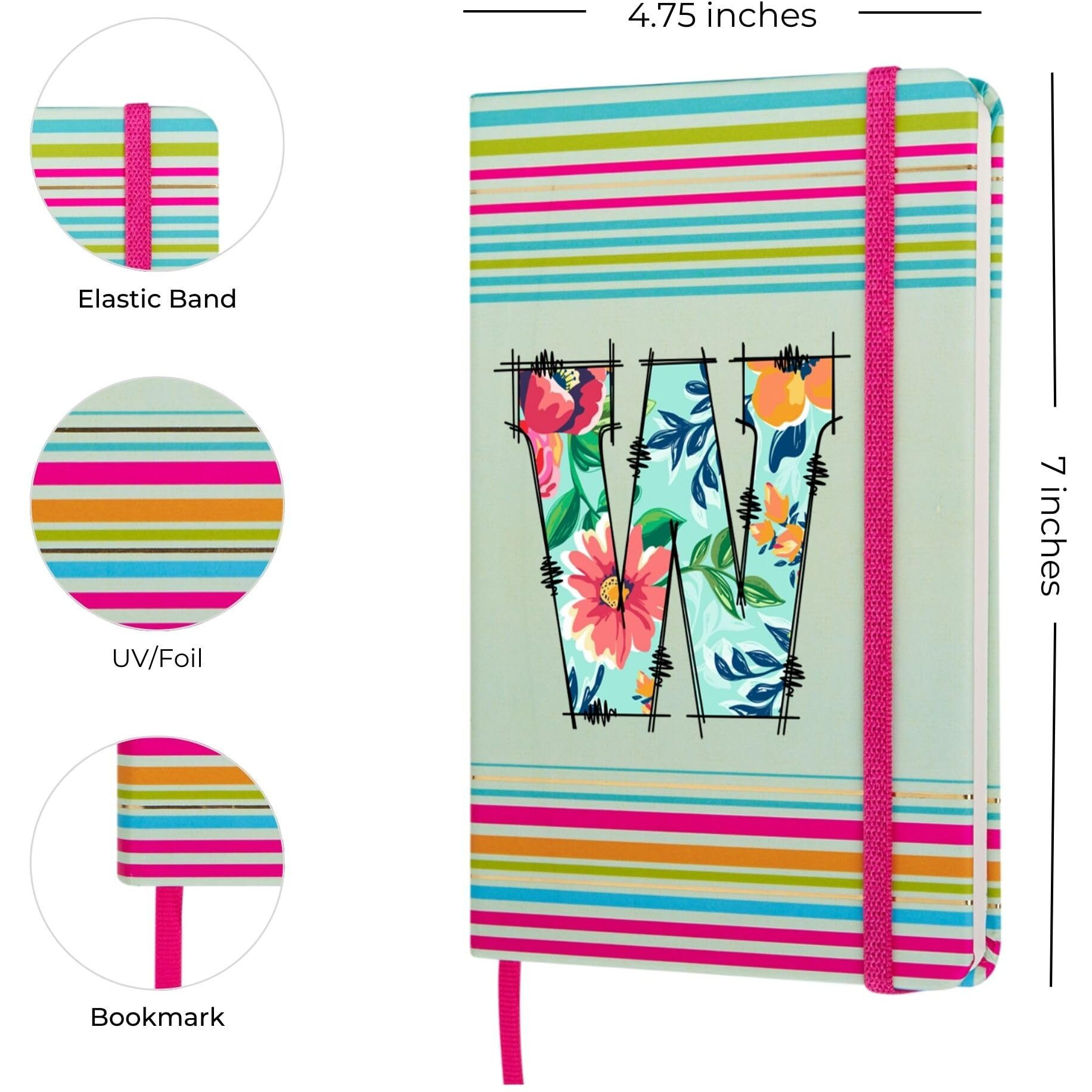 DOODLE Initial W Stripes Theme Premium Hard Bound B6 Notebook Diary|192 Ruled Pages(144 ruled + 48 blank)|4.75 * 7 Inches, 80 GSM Paper, Coloured Elastic Band, Coloured Ribbon