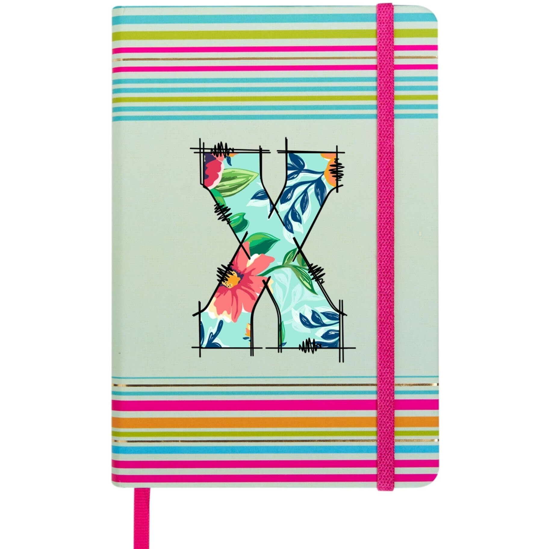 DOODLE Initial X Stripes Theme Premium Hard Bound B6 Notebook Diary|192 Ruled Pages(144 ruled + 48 blank)|4.75 * 7 Inches, 80 GSM Paper, Coloured Elastic Band, Coloured Ribbon
